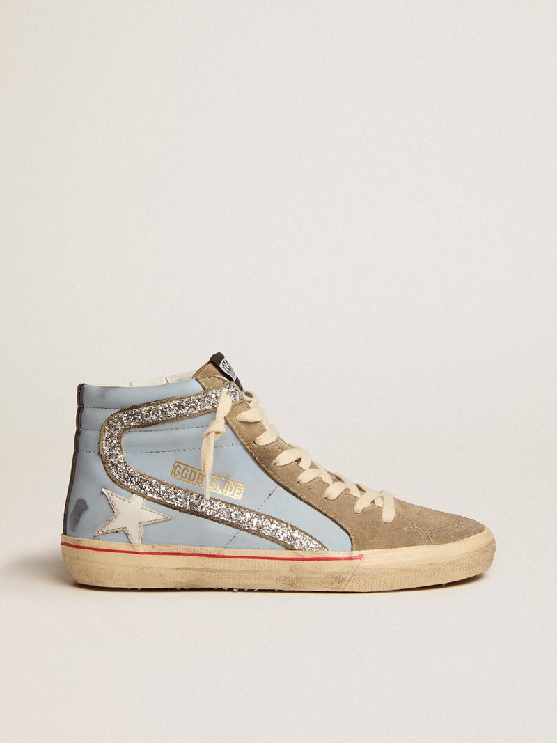 Slide sneakers in powder-blue leather with dove-gray suede tongue and silver glitter flash - 1