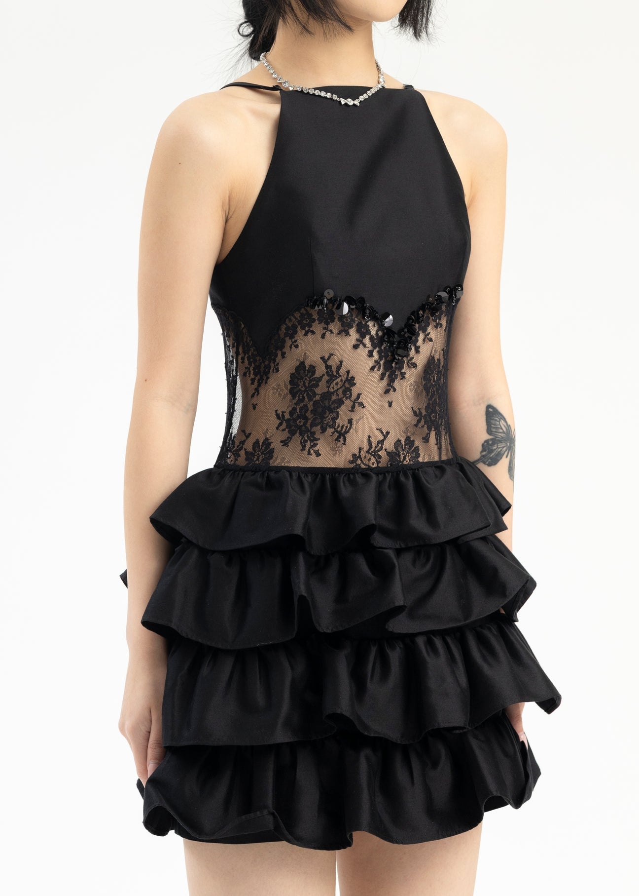 Black Patchwork Multi-Layer Short Dress - 2