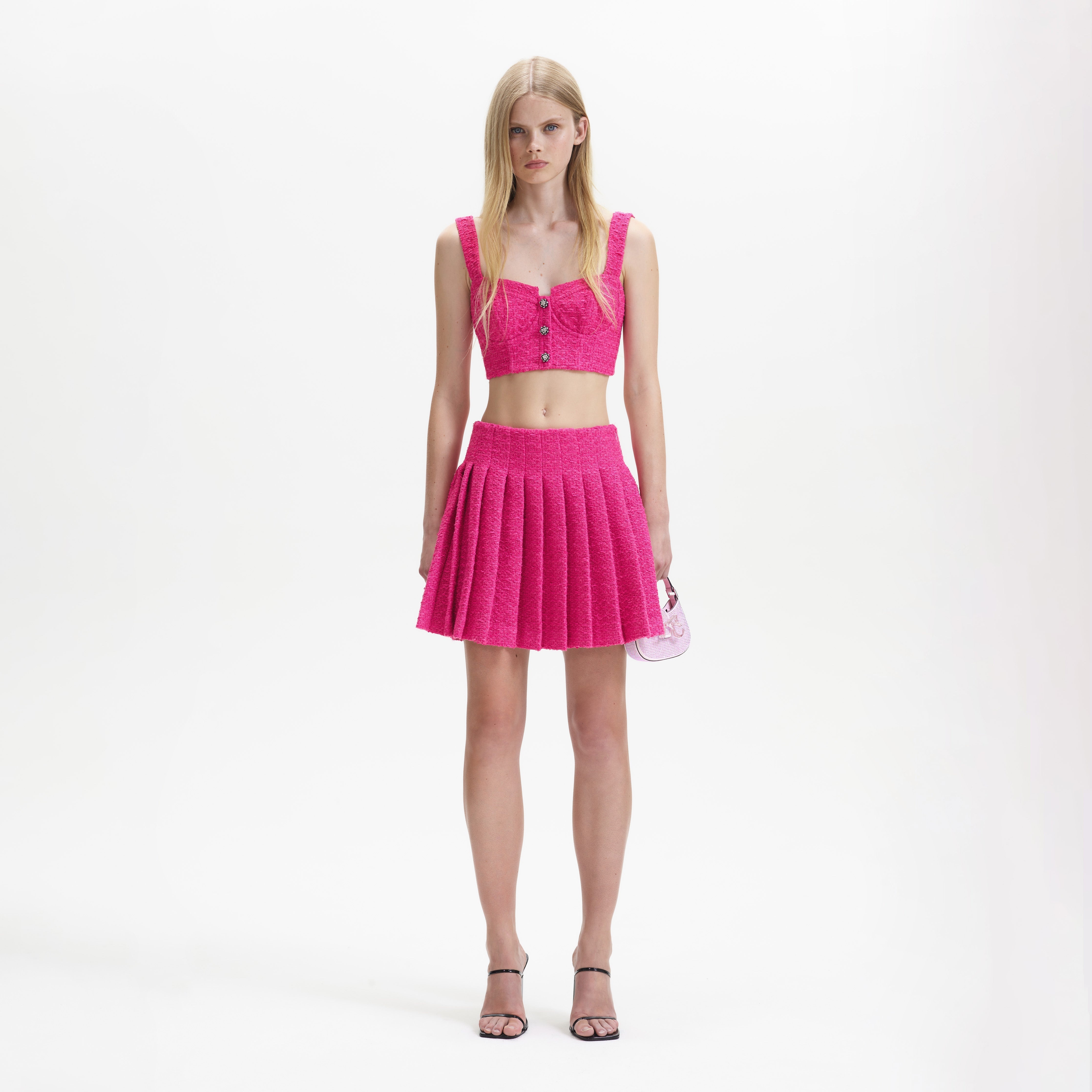 Fuchsia Boucle Pleated Mini Skirt - 1