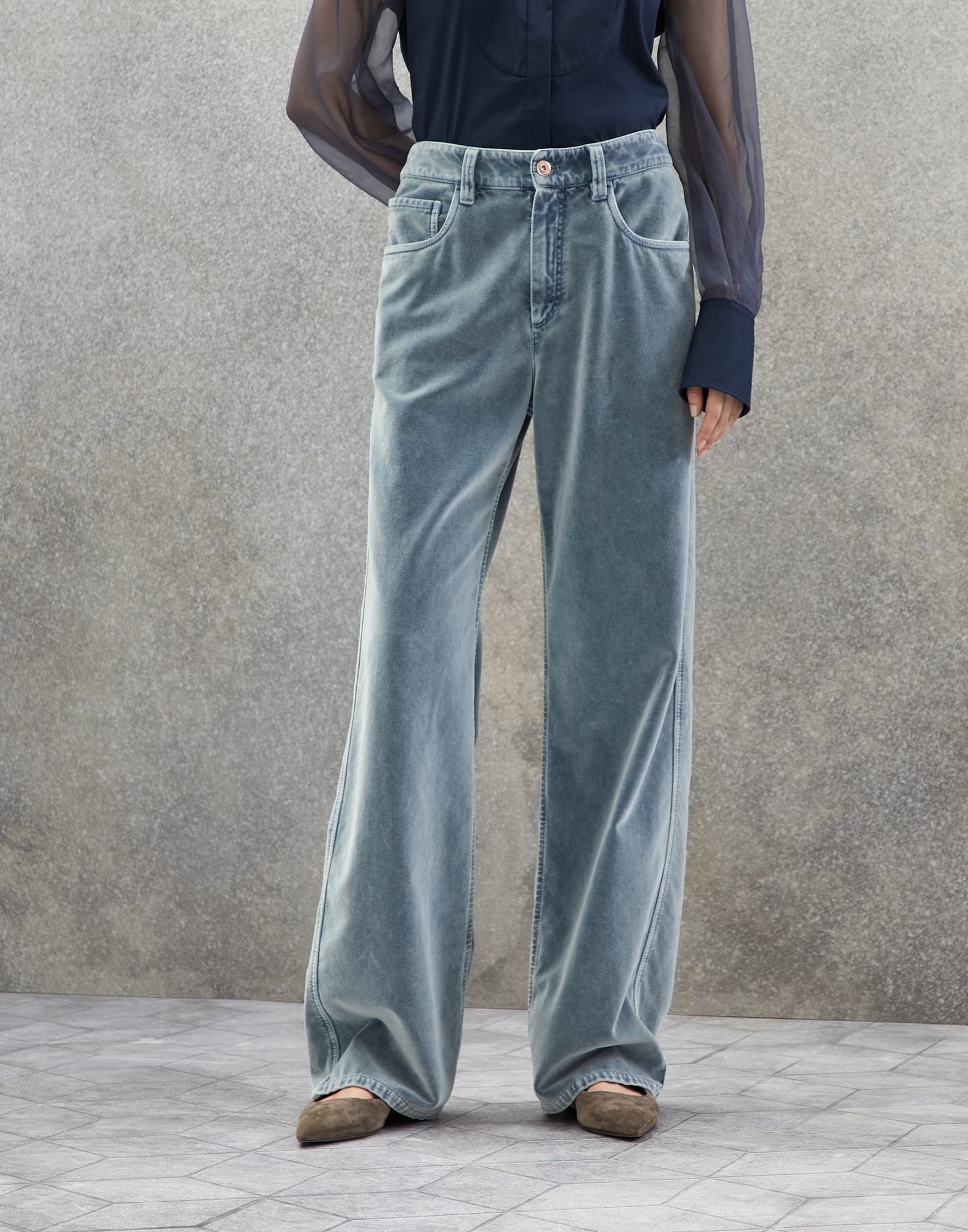 Garment-dyed five-pocket loose trousers in cotton velvet with monili - 1
