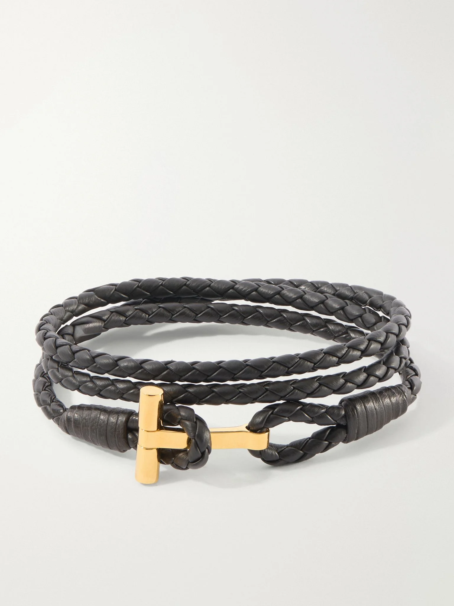 Braided Leather and Gold-Plated Wrap Bracelet Dark brown - 1