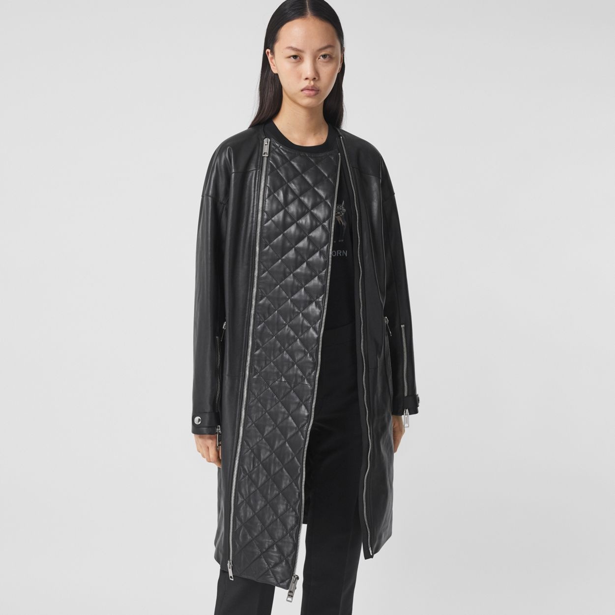 Detachable Diamond Quilted Panel Leather Car Coat - 7