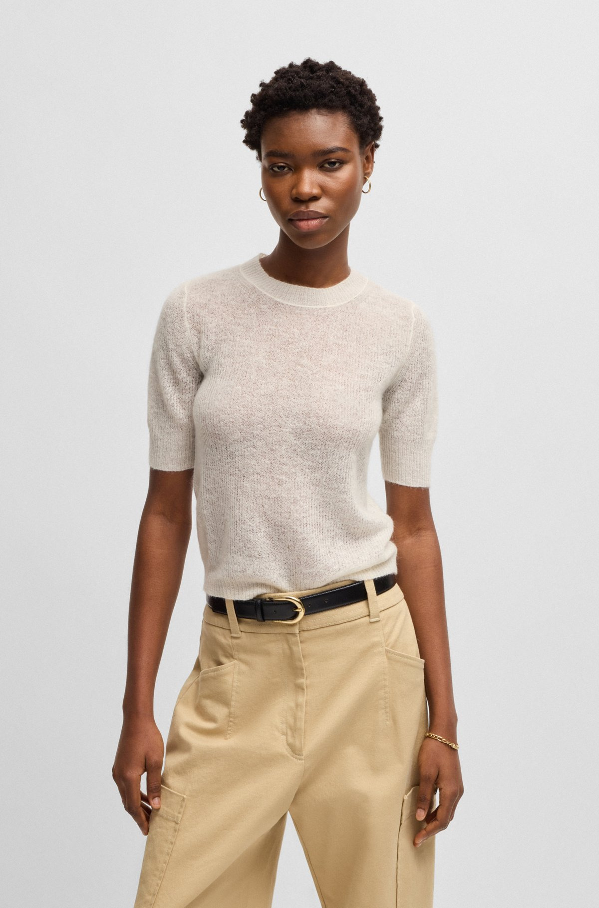 CROPPED-SLEEVE KNITTED SWEATER IN TEXTURED WOOL - 2