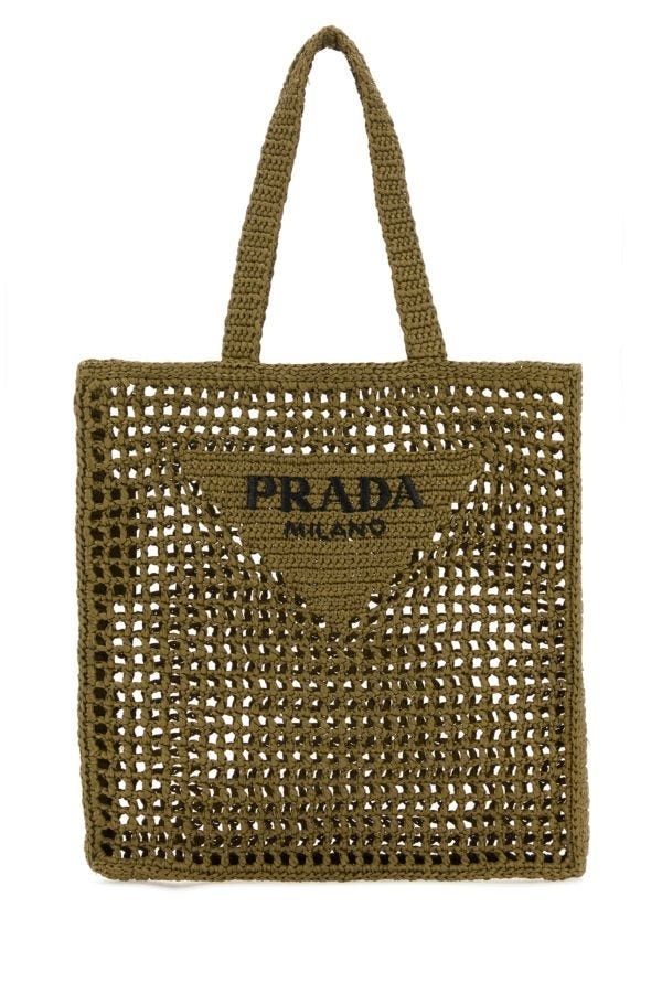 Prada Man Khaki Crochet Shopping Bag - 1