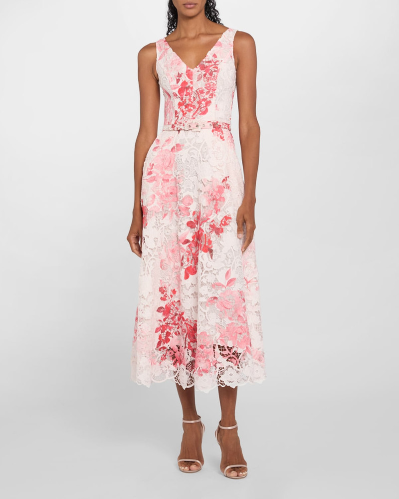 Monique Lhuillier Rose-Print Lace Belted Sleeveless Midi Dress outlook