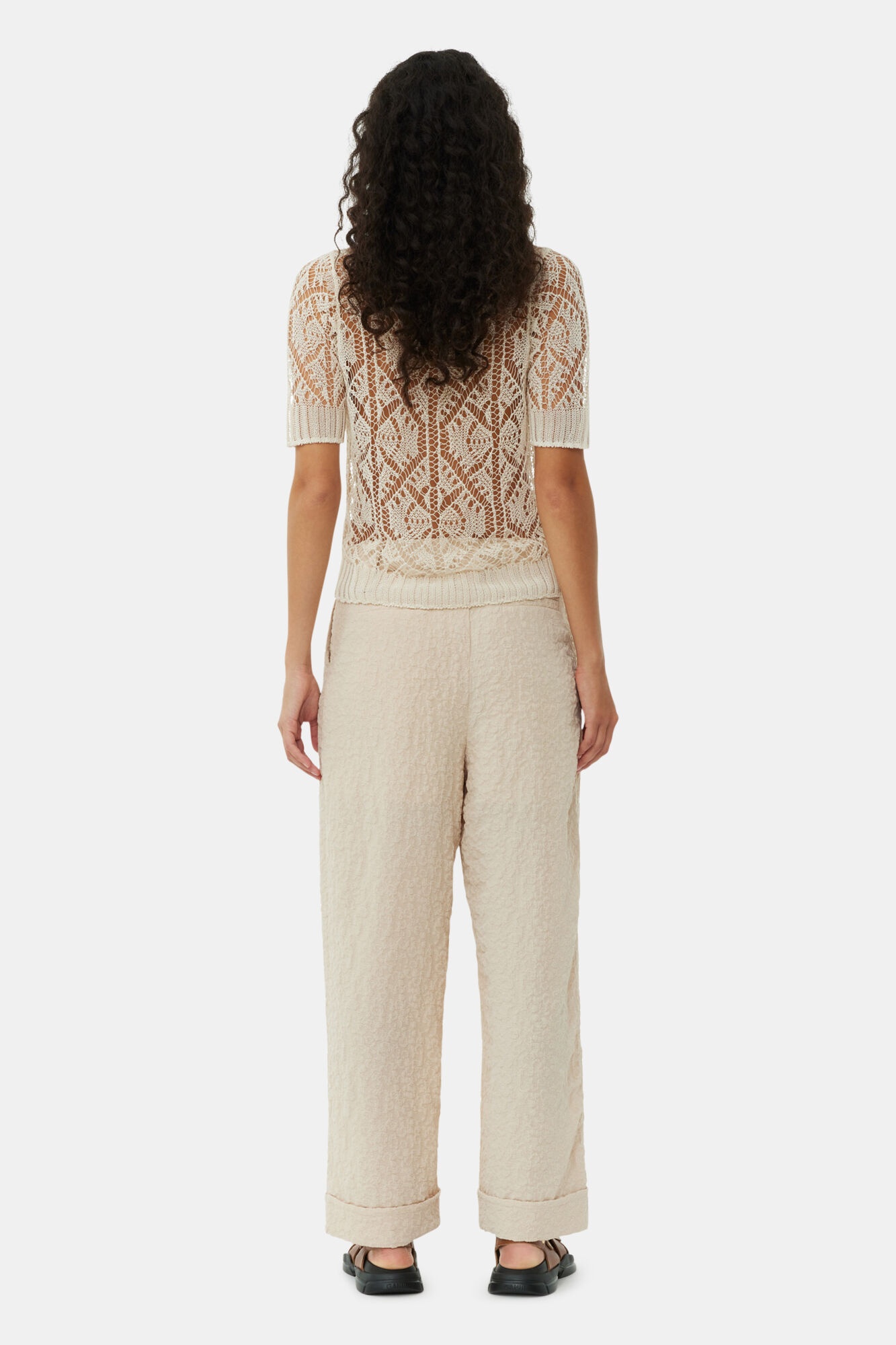 BEIGE TEXTURED SUITING MID WAIST PANTS - 5