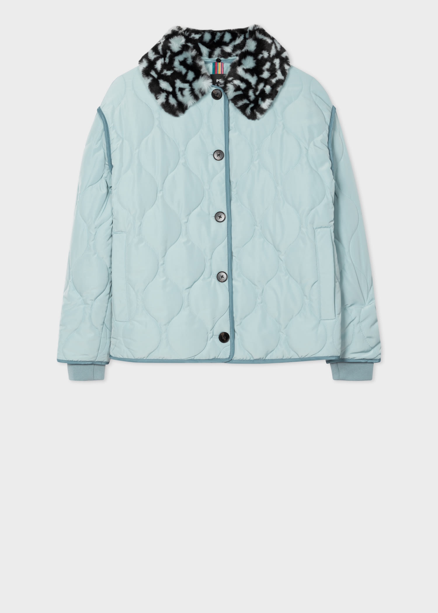 Pale Blue Quilted Leopard Collar Coat - 1