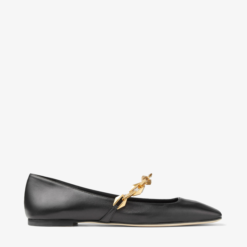 Diamond Tilda Flat Black Nappa Leather Flats with Chain - 1