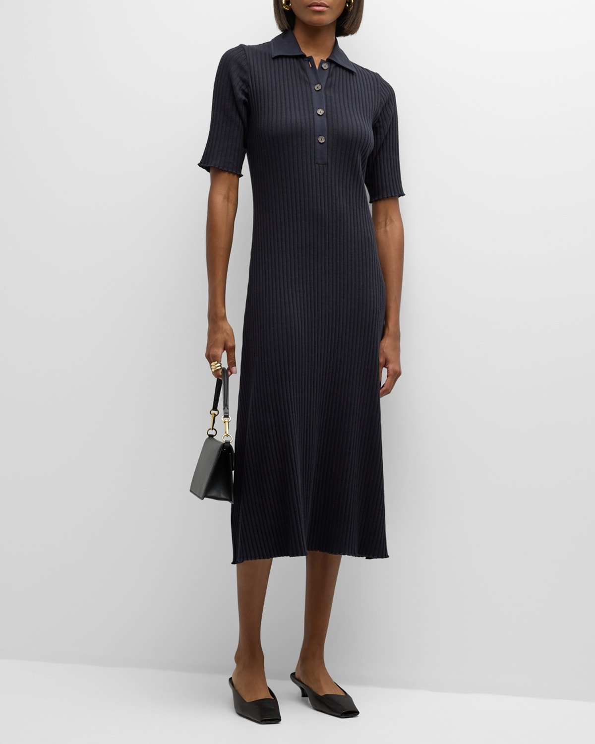 Ribbed Elbow-Sleeve Polo Midi Dress - 3