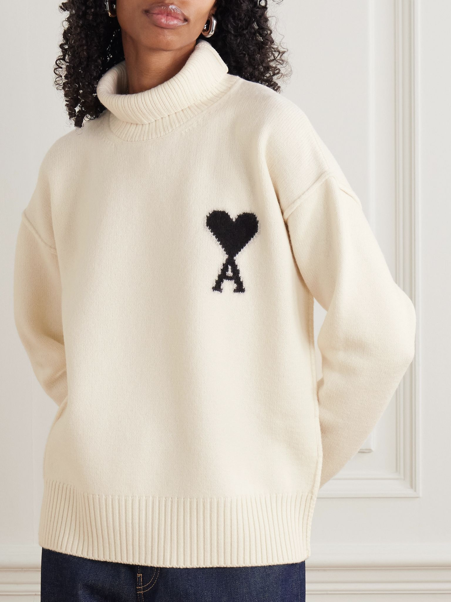 Oversized intarsia-knit wool turtleneck sweater Cream - 3