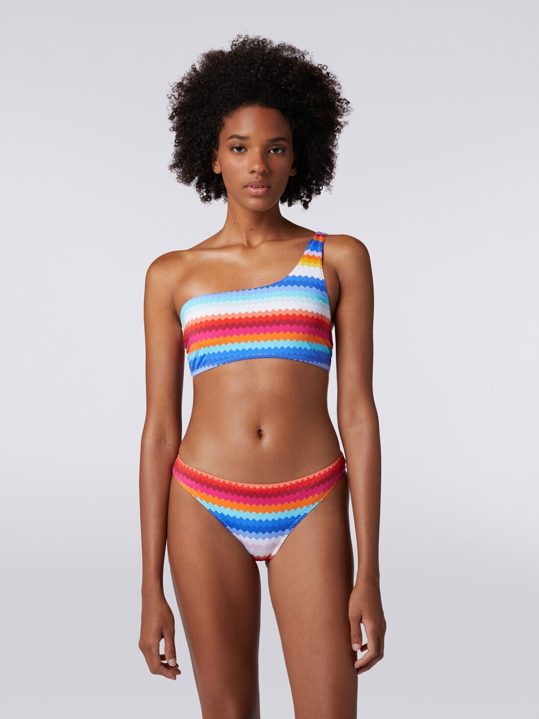 One-shoulder bikini in zigzag print stretch nylon - 2