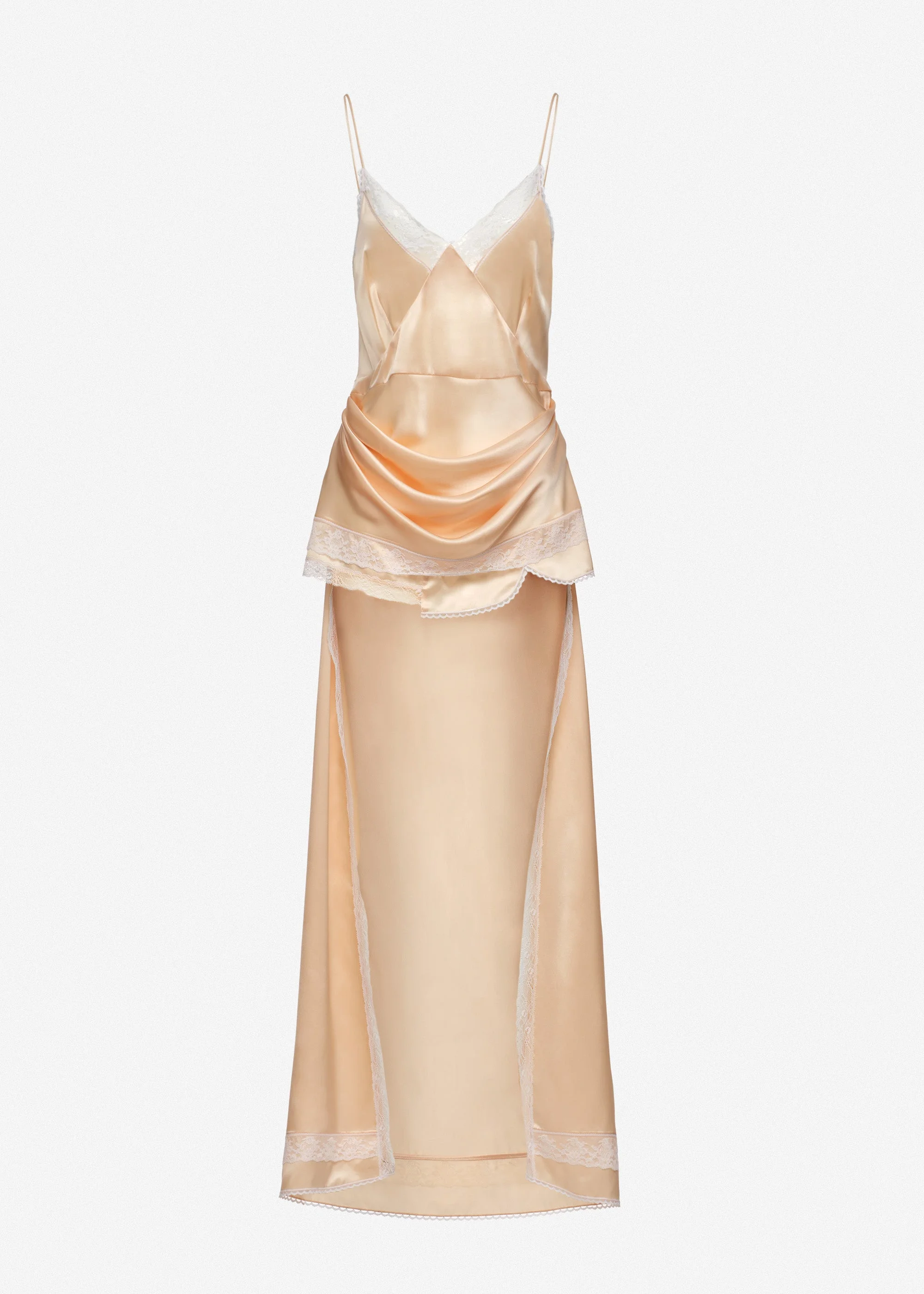 Asymmetric lace-trim slip dress in peach - 1