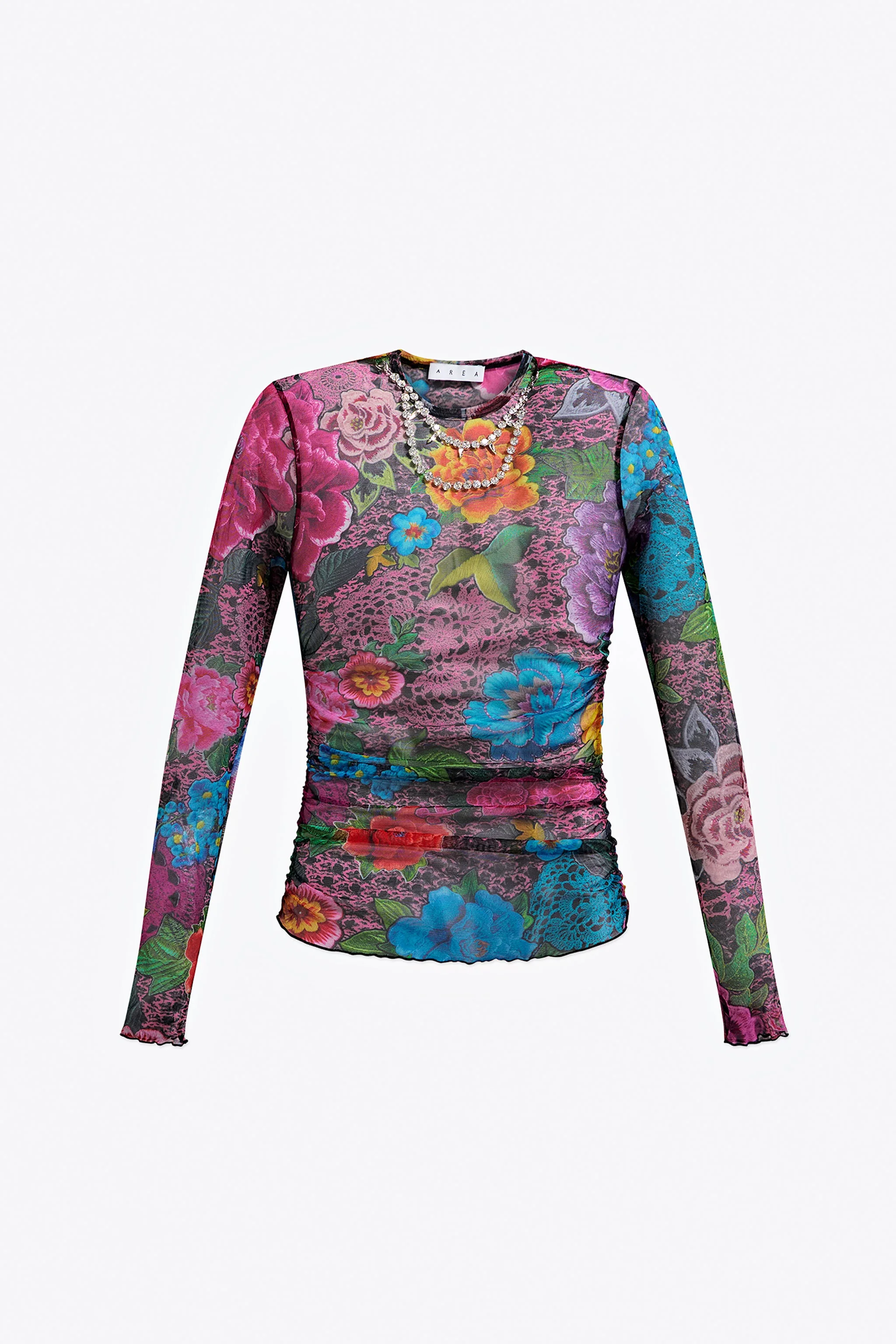 CRYSTAL EMBELLISHED PRINTED TULLE LONG SLEEVE TOP - 1