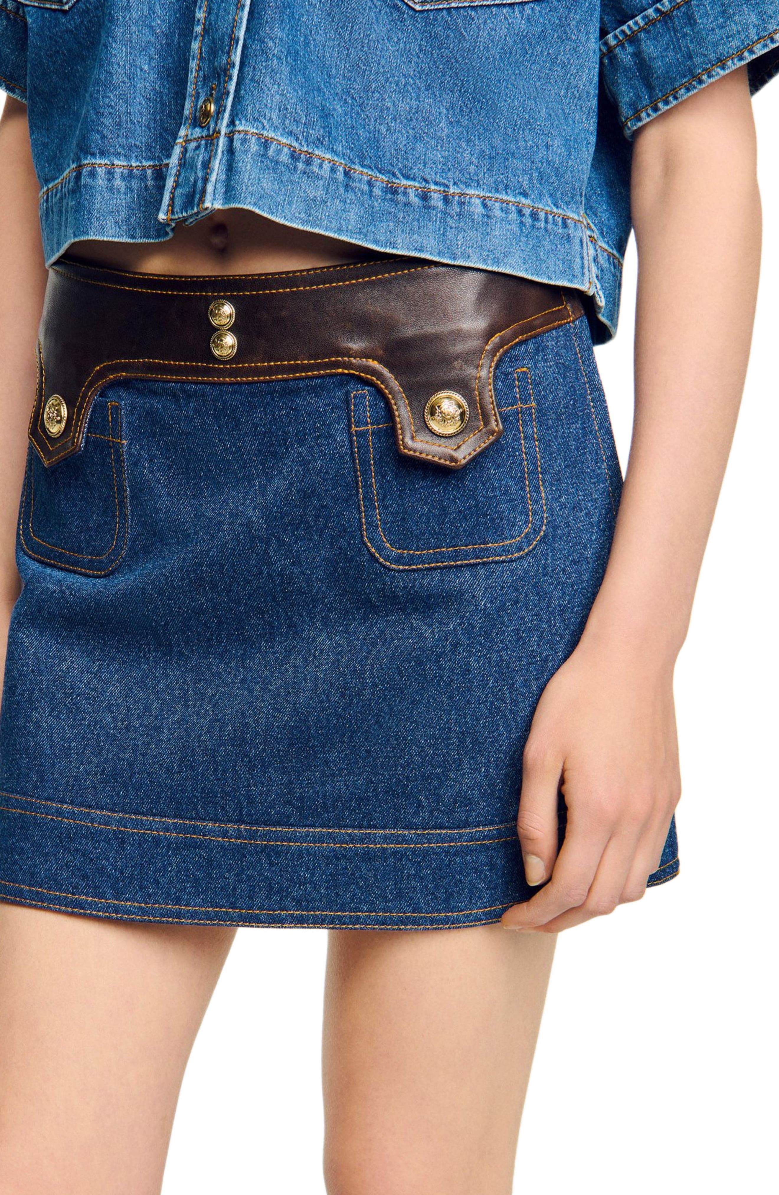 SANDRO Short denim and leather skirt in Dark Blue at Nordstrom - 4