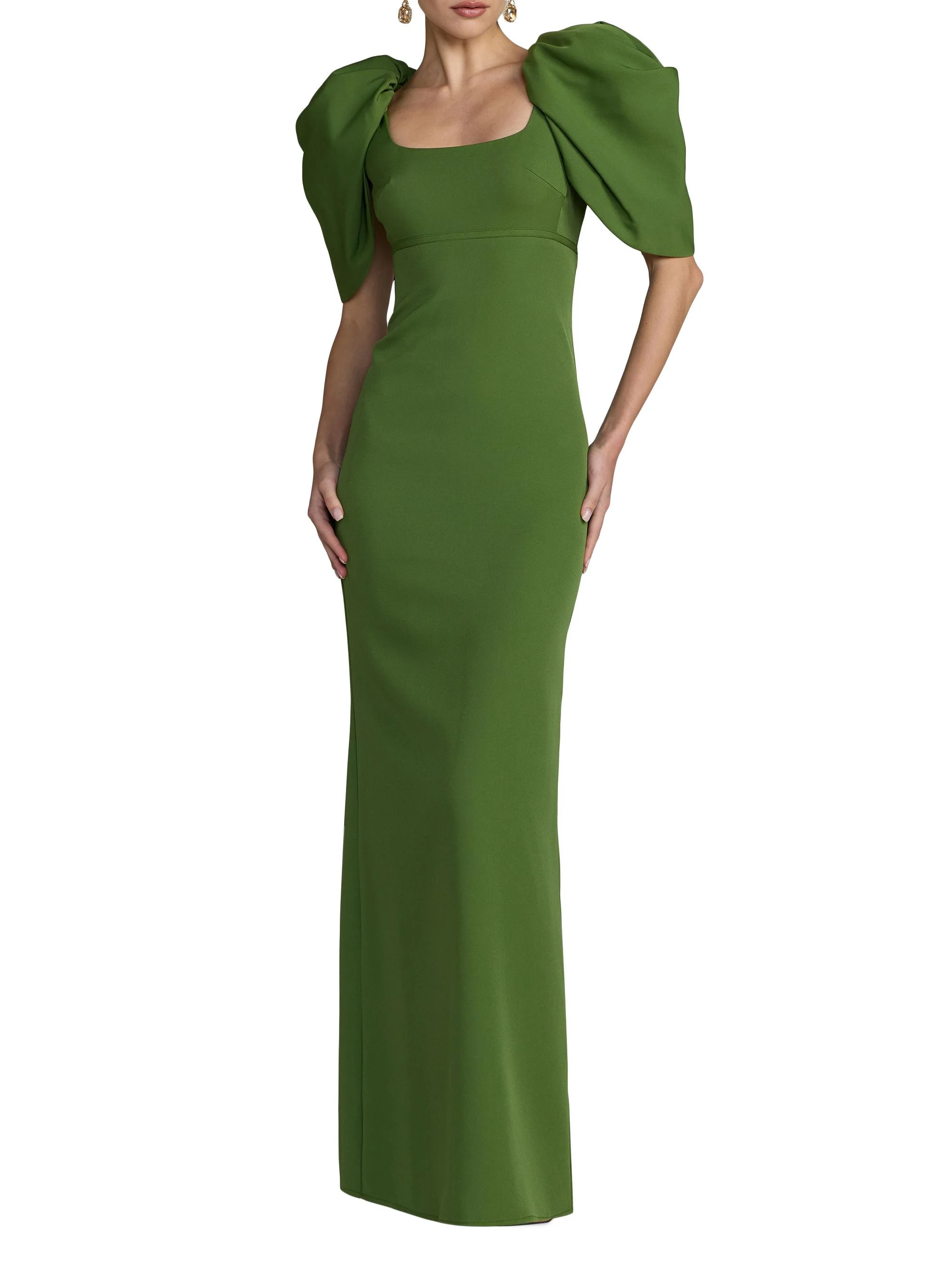 Women's Crepe Puff-Sleeve Column Gown - Moss - 1