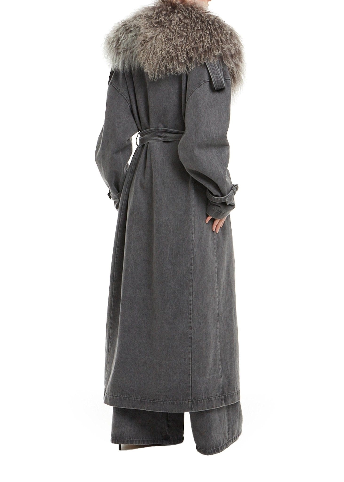 Washed Denim Relaxed Trench With Shearling - 3
