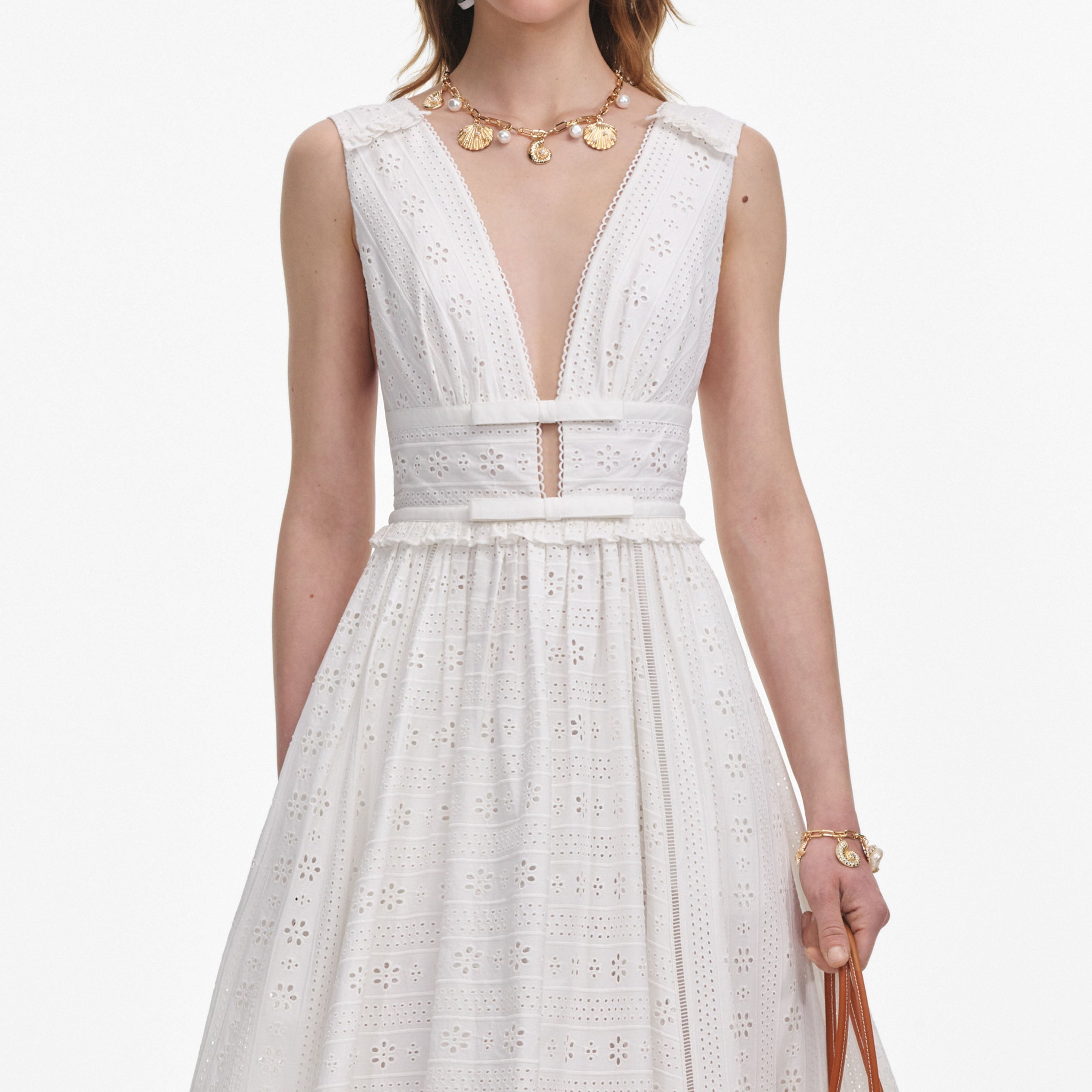 White Cotton Broderie Midi Dress - 4