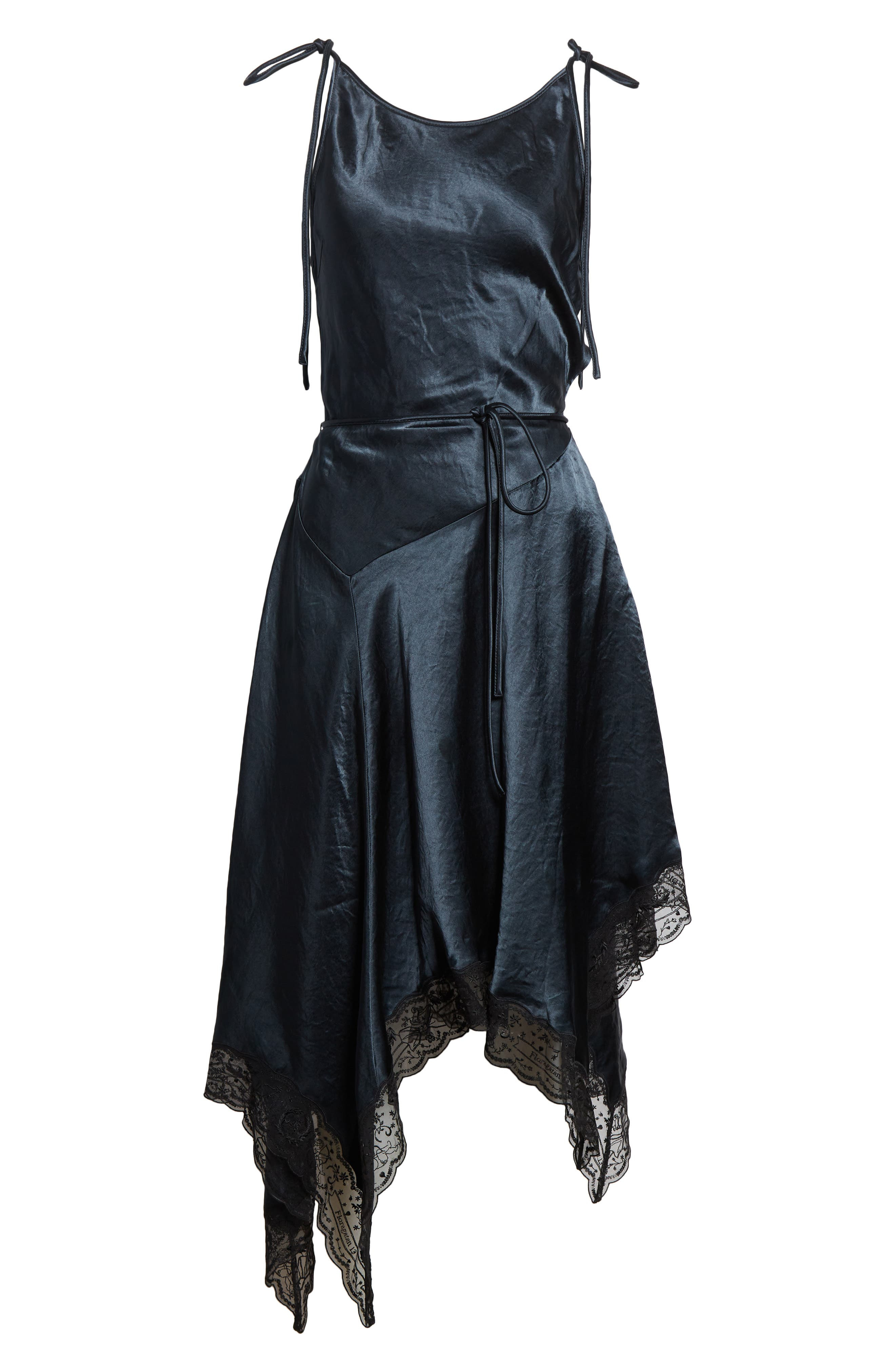Acne Studios Doyla Lace Trim Crinkled Satin Asymmetric Dress in Petrol Blue at Nordstrom - 5