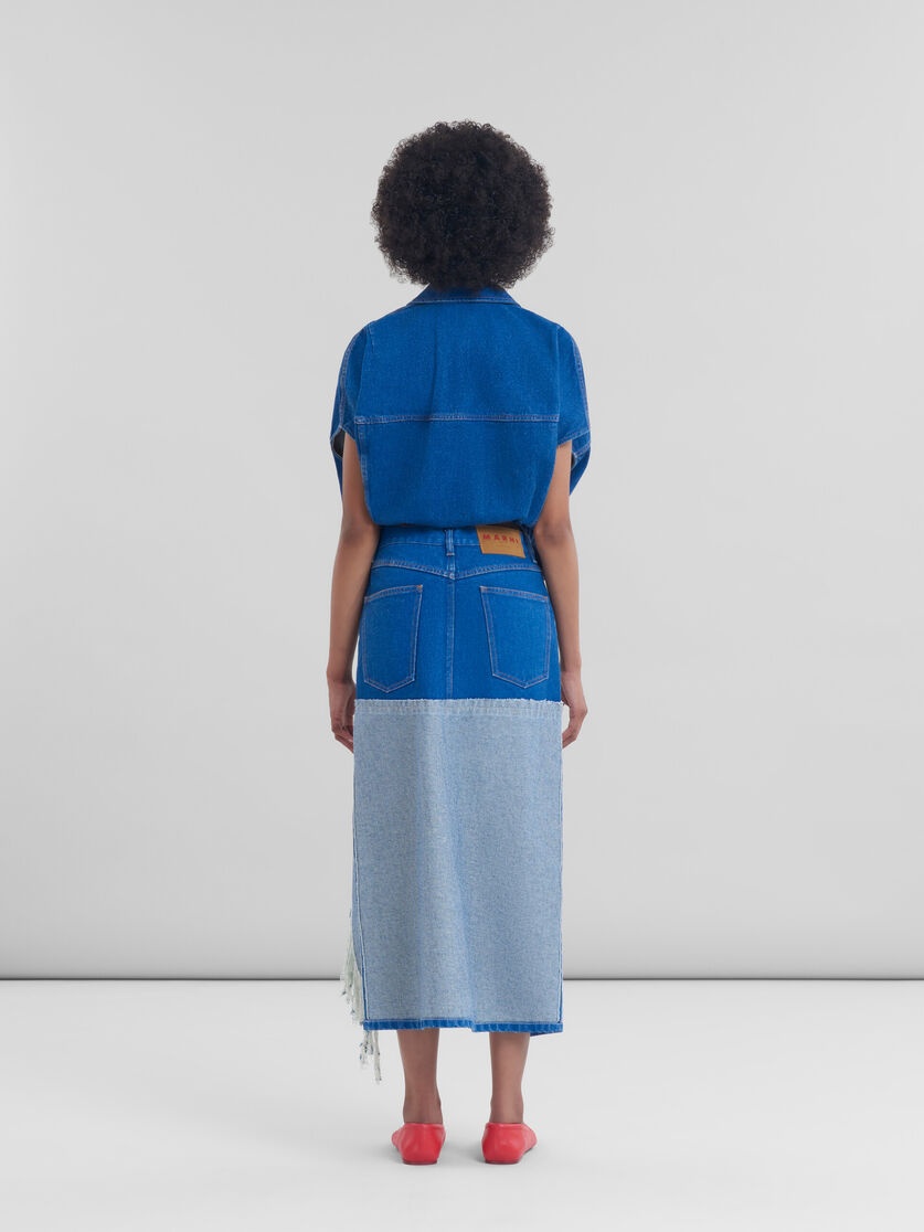 BLUE ORGANIC DENIM TWO-TONE MIDI SKIRT - 3