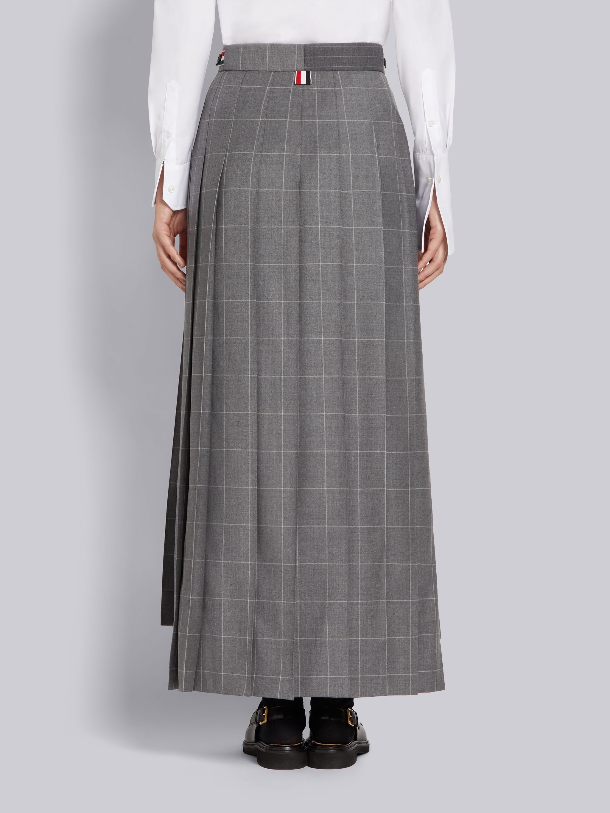 Medium Grey Pinstripe and Windowpane Wool Suiting Pleated Sack Skirt - 3