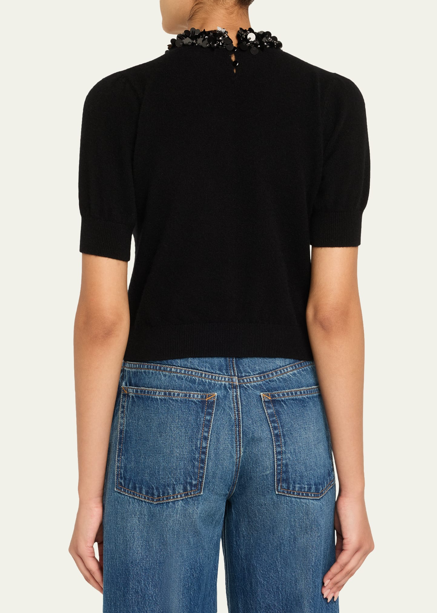 Liv Embroidered Short-Sleeve Cashmere Sweater - 3