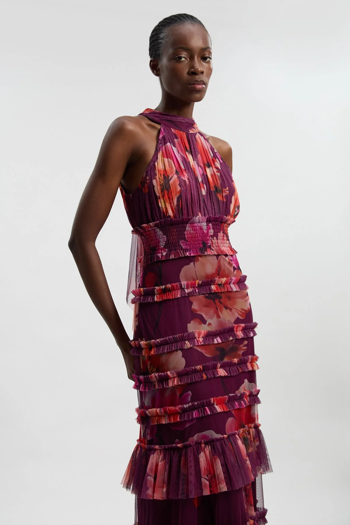 Floral Tulle Halter Neck Woven Maxi Dress - 1