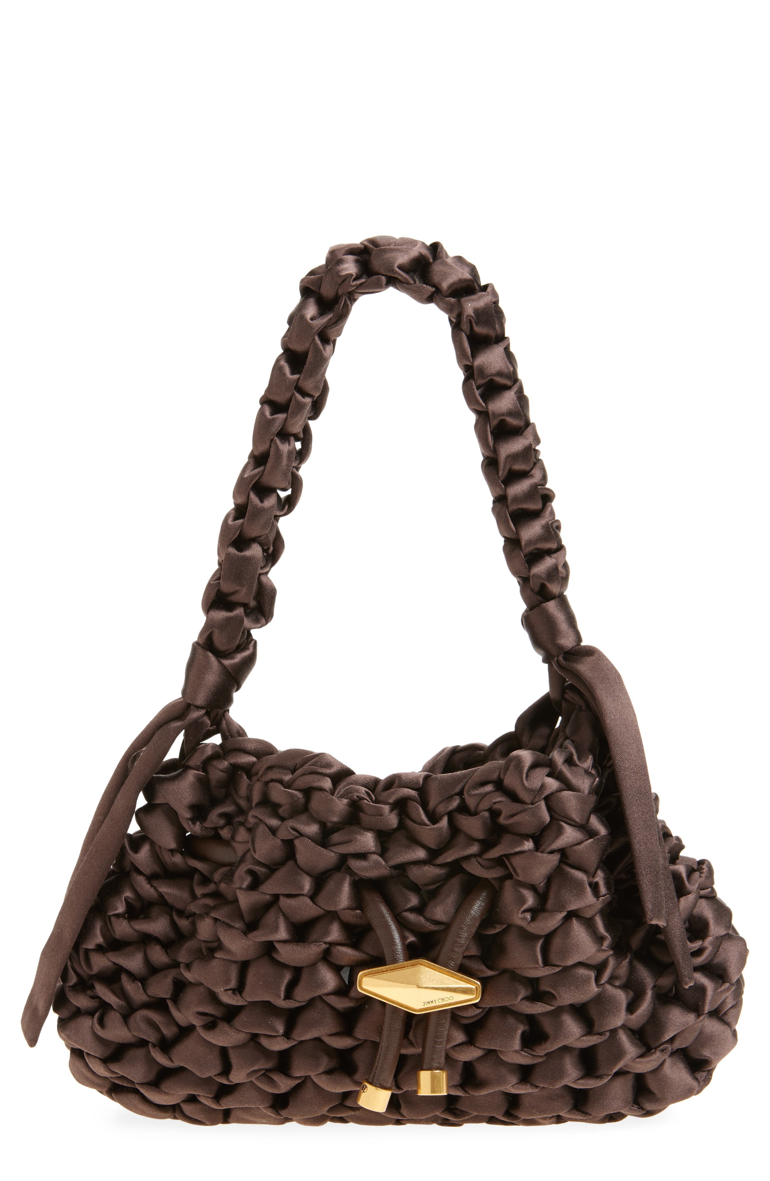 Jimmy Choo Small Cinch Satin Bucket Bag in Cofee/Antique Silver at Nordstrom - 1