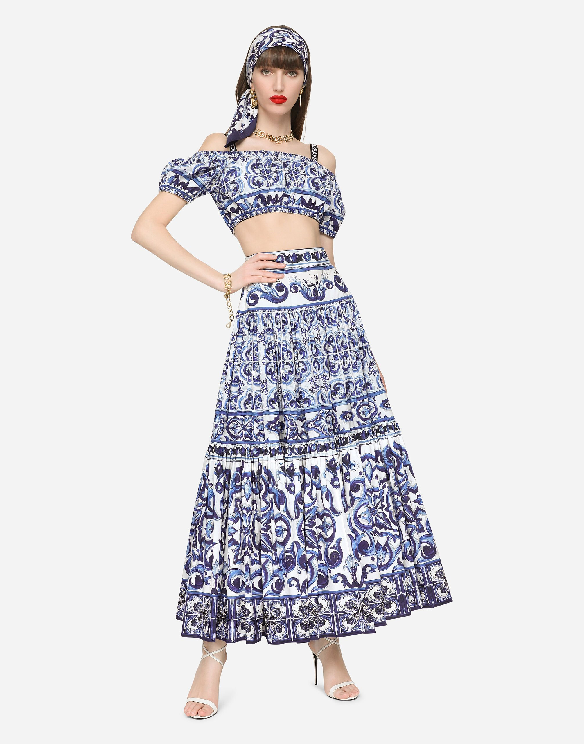 Long majolica-print poplin skirt - 5