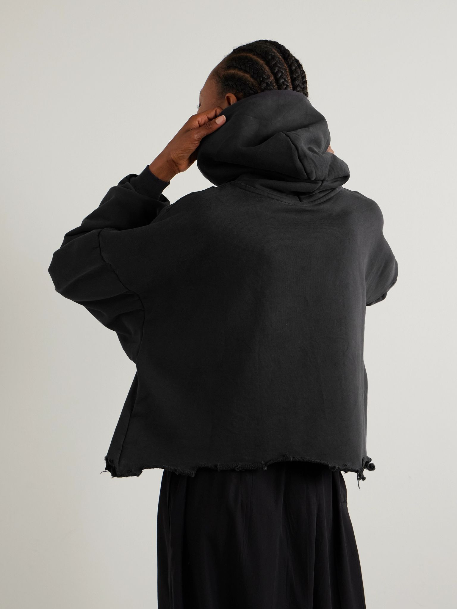 Oversized cropped distressed printed cotton-jersey hoodie Black - 3