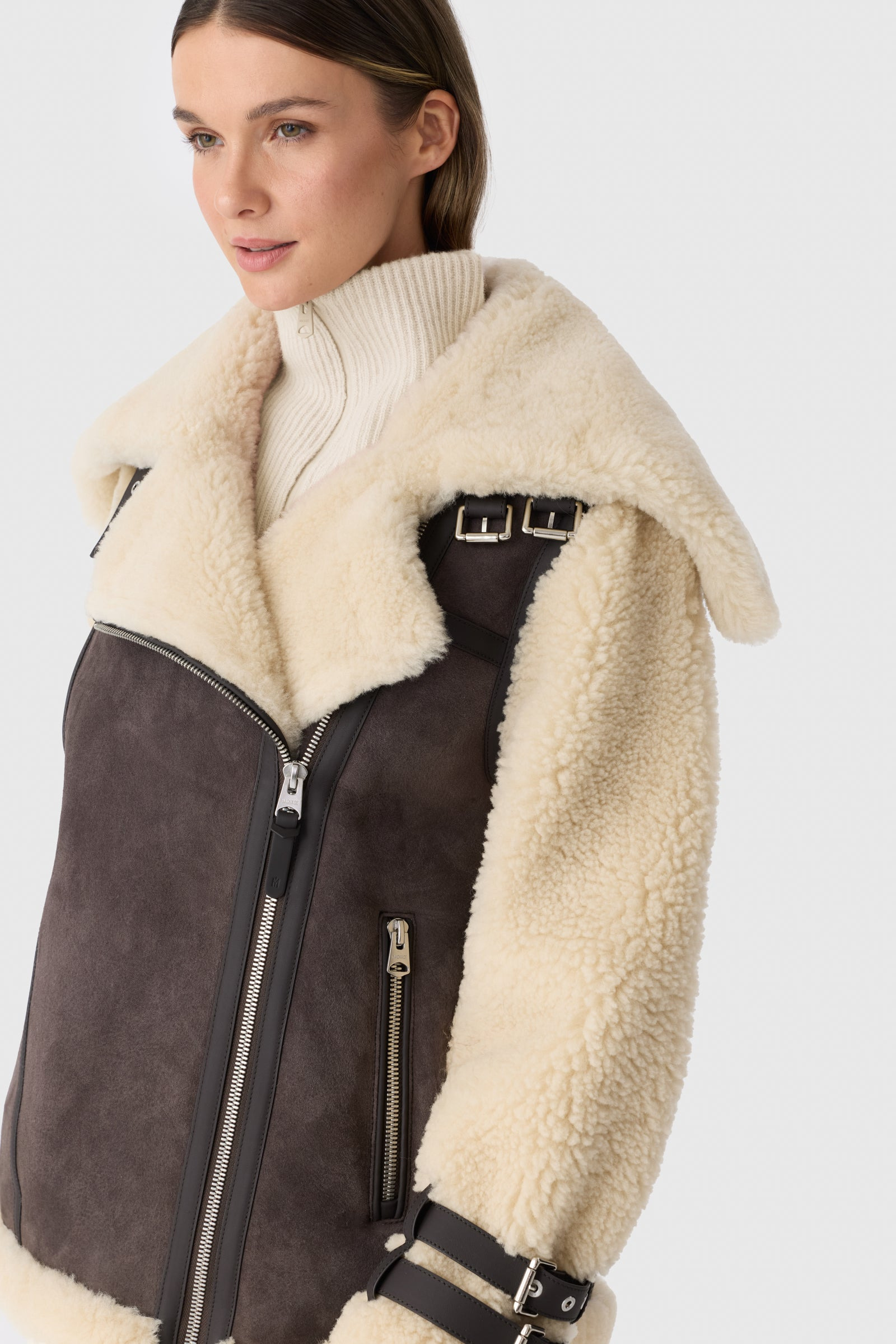 RHOSLYN Oversized Shearling Moto Jacket - 8