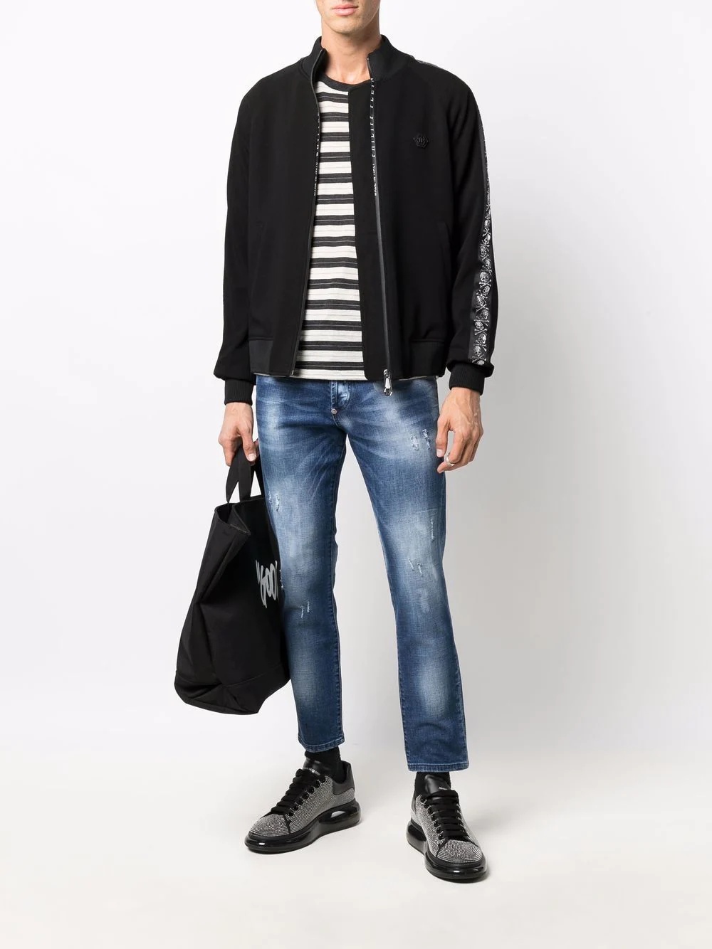 skull-motif stripe bomber jacket - 2