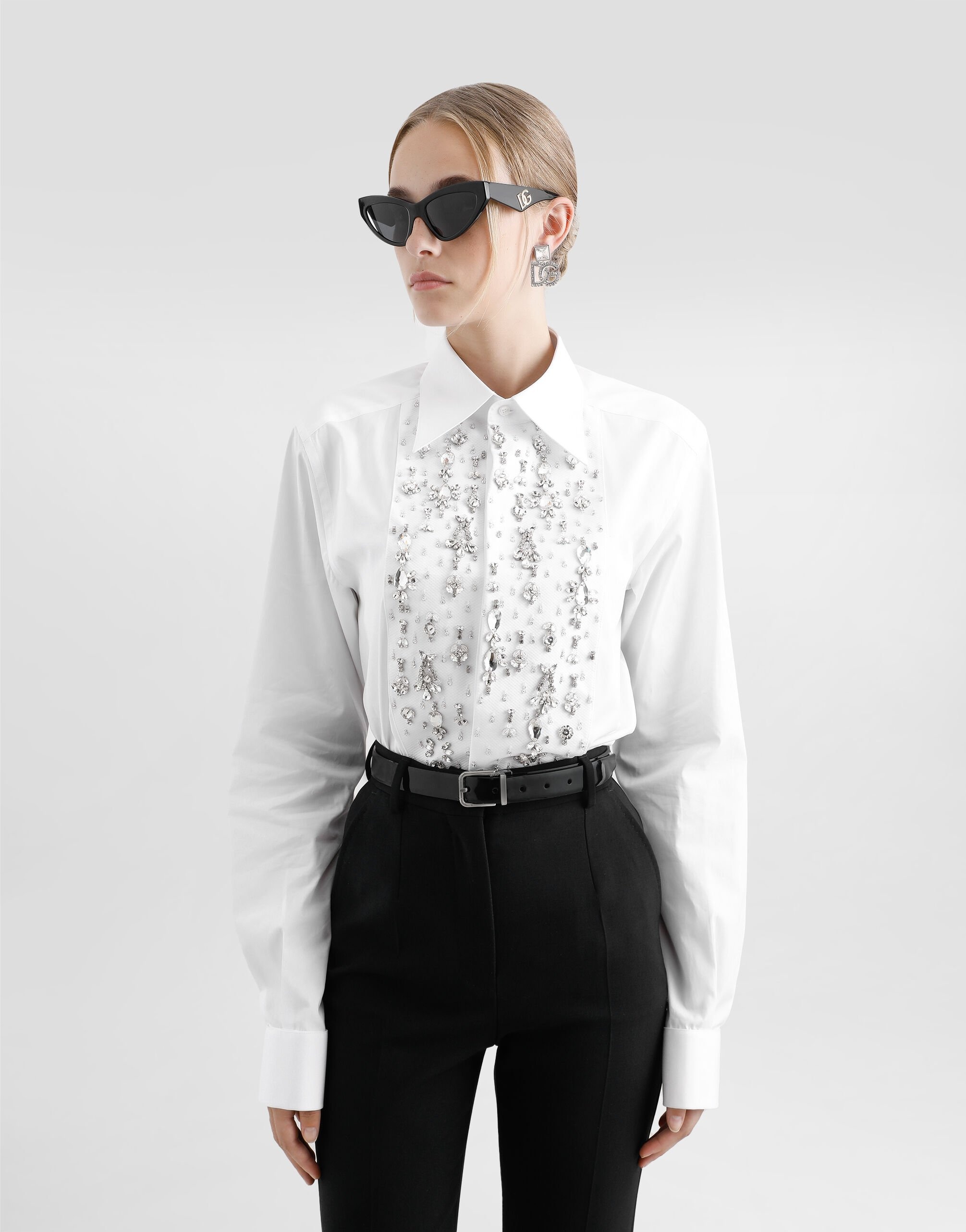 Cotton tuxedo shirt with rhinestone-embroidered shirt front - 4