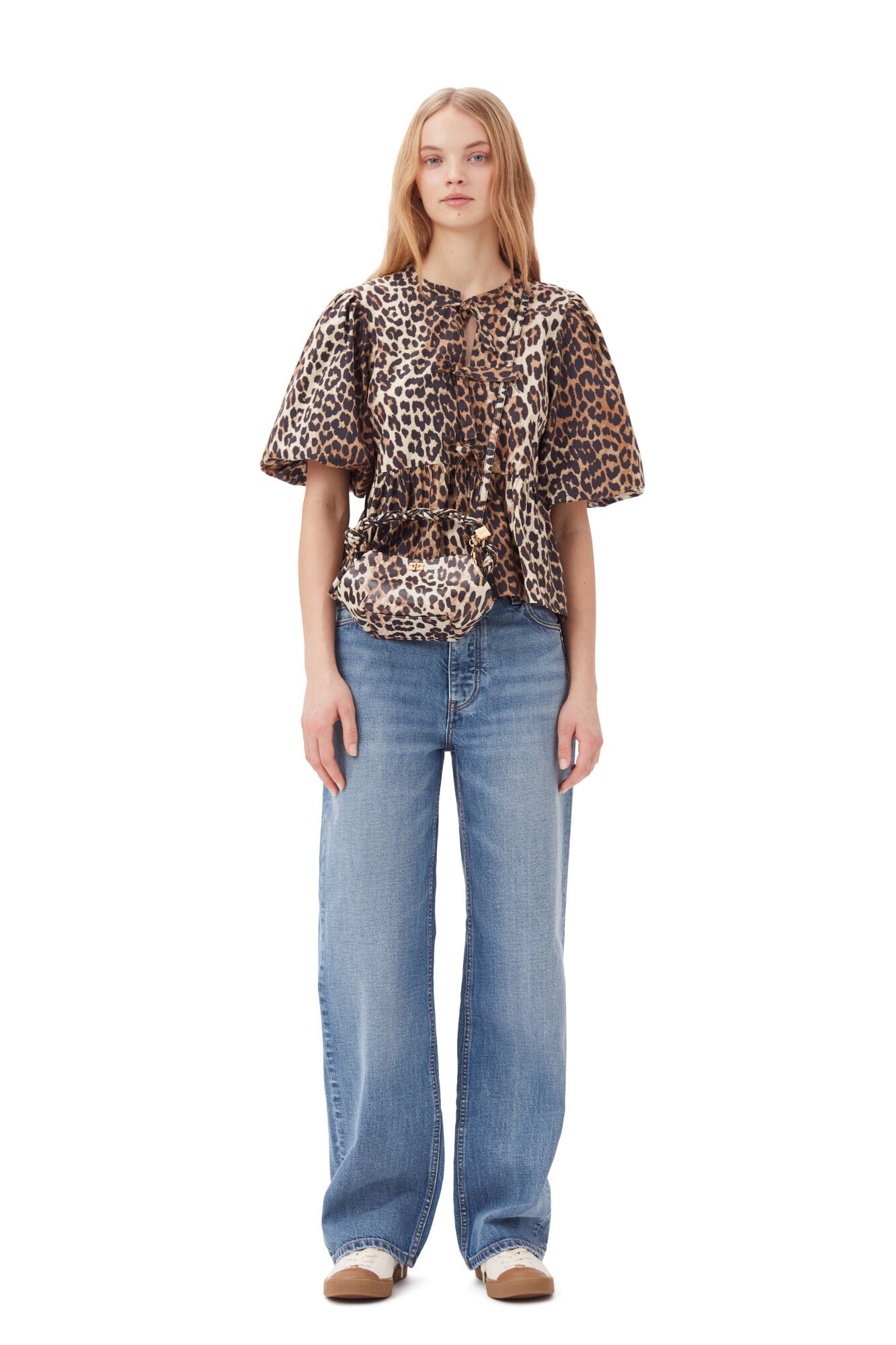 LEOPARD COTTON POPLIN PEPLUM TIE BLOUSE - 8