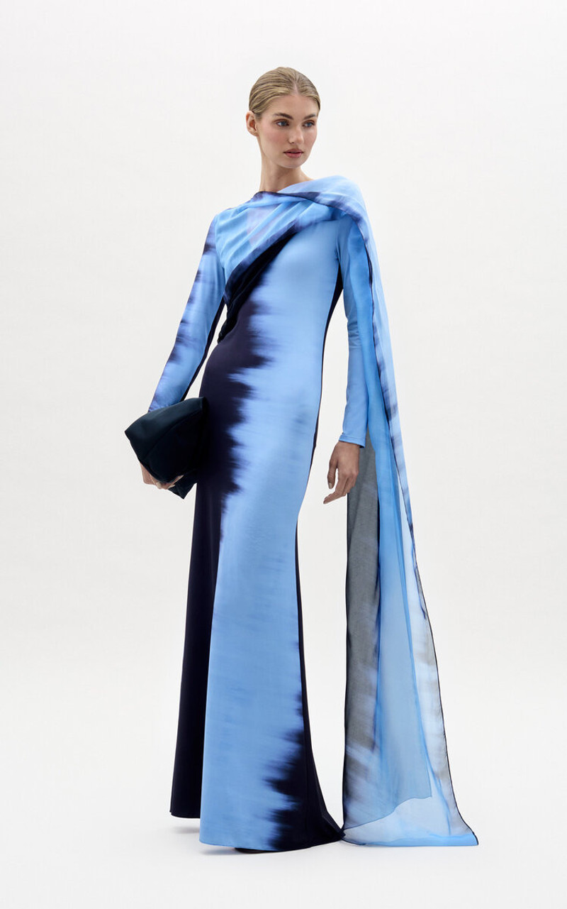 SILVIA TCHERASSI Moon Cape-Detailed Silk-Blend Maxi Dress blue outlook