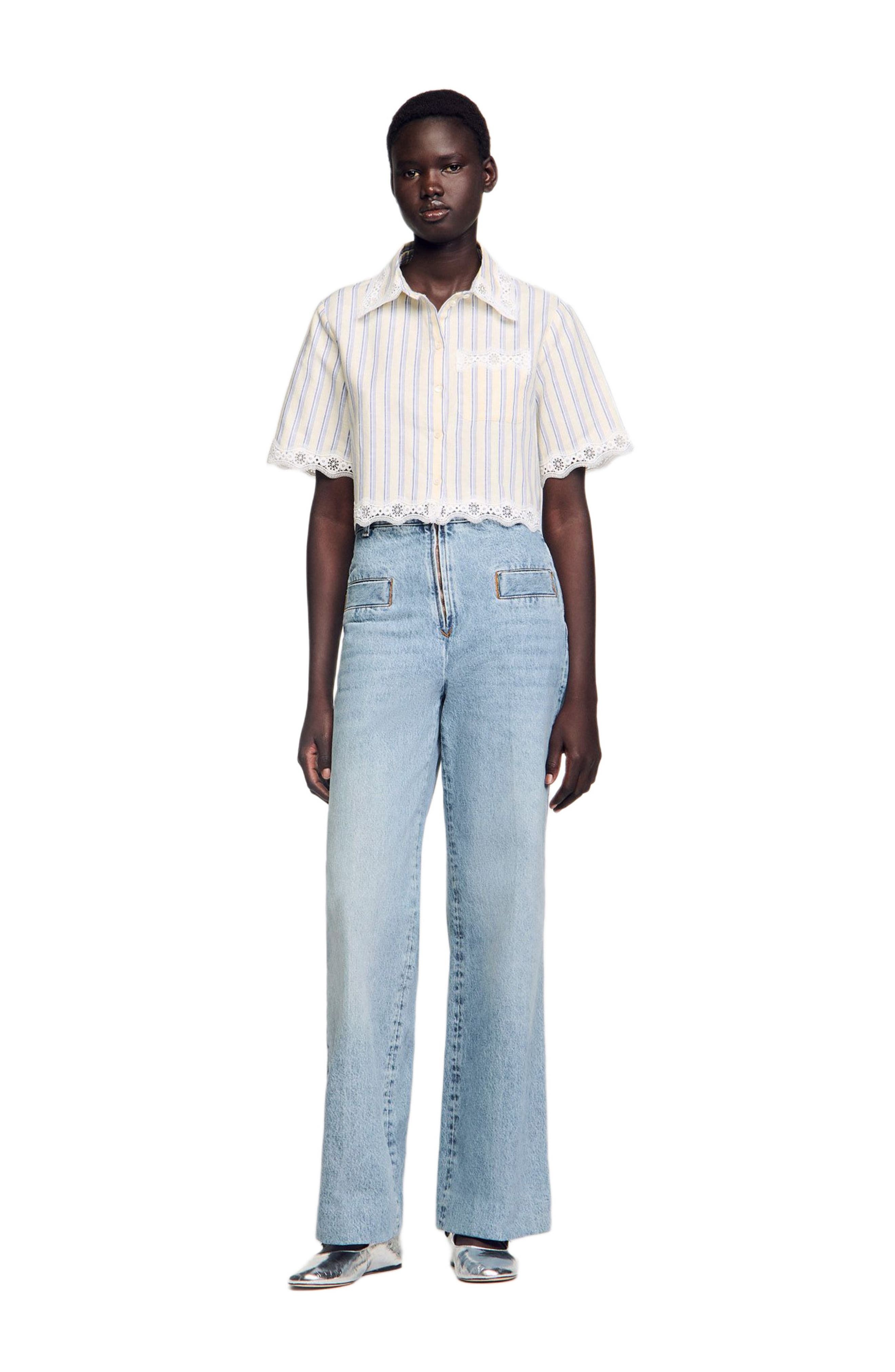 SANDRO Striped Cropped Shirt in Ecru /Jean at Nordstrom - 6