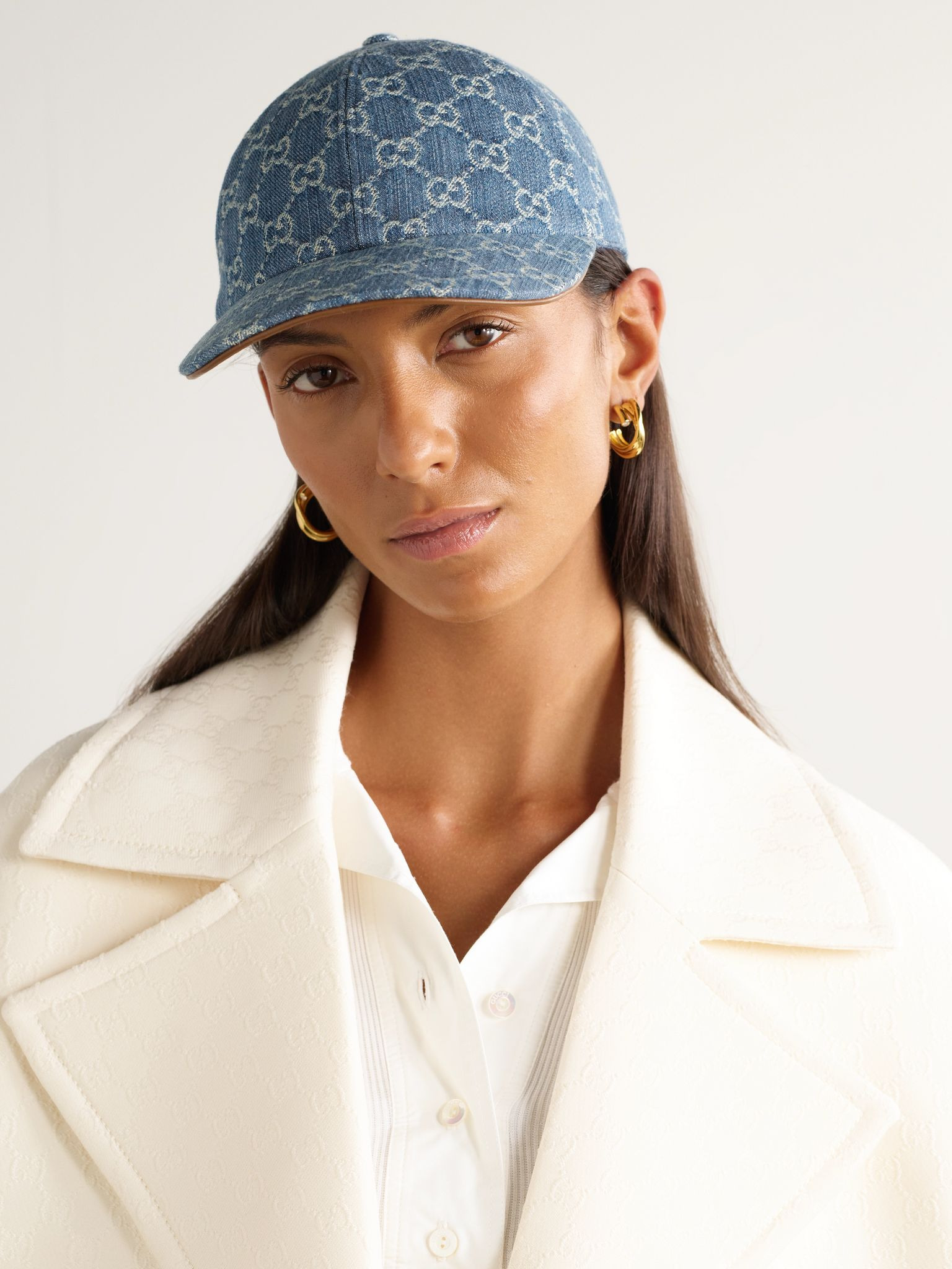 Horsebit-detailed leather-trimmed denim baseball cap Blue - 2