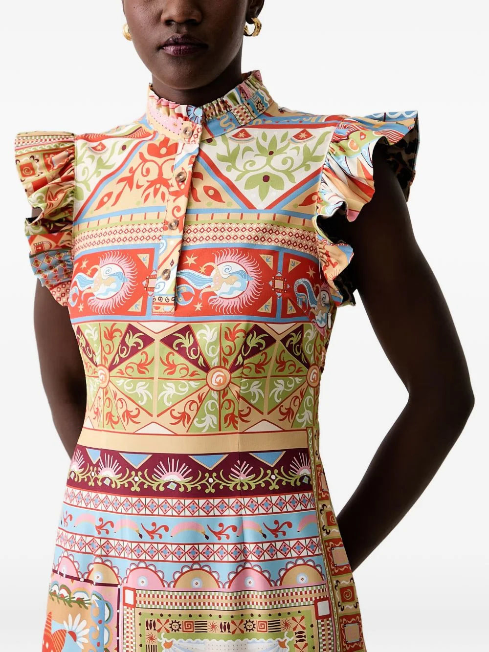 graphic-print ruffled-sleeve midi dress - 1