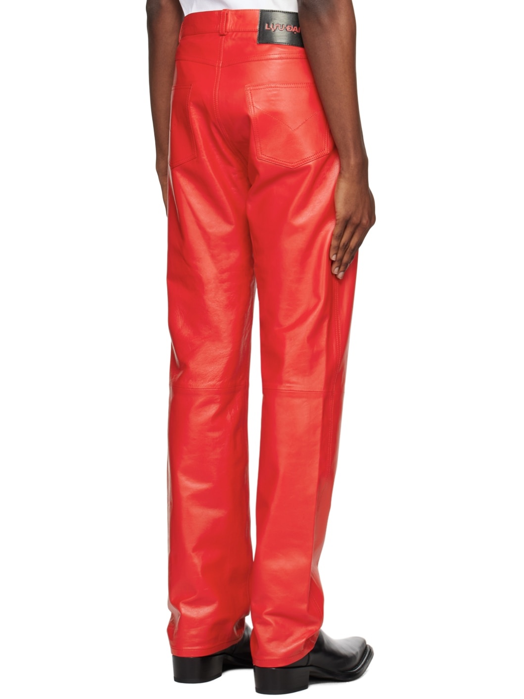 Red Straight Leg Leather Pants - 3