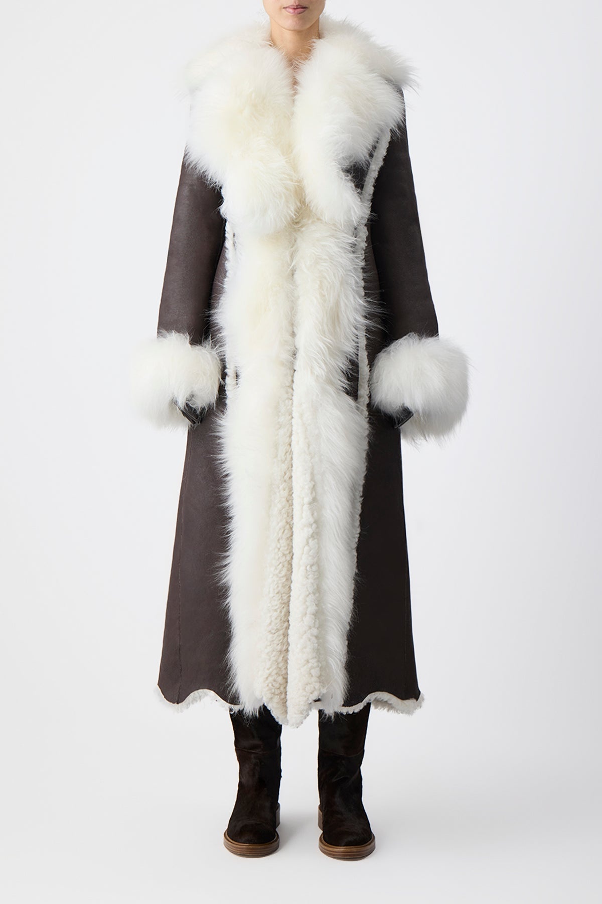 Prufrock Coat in Chocolate & Ivory Cashmere Shearling - 5