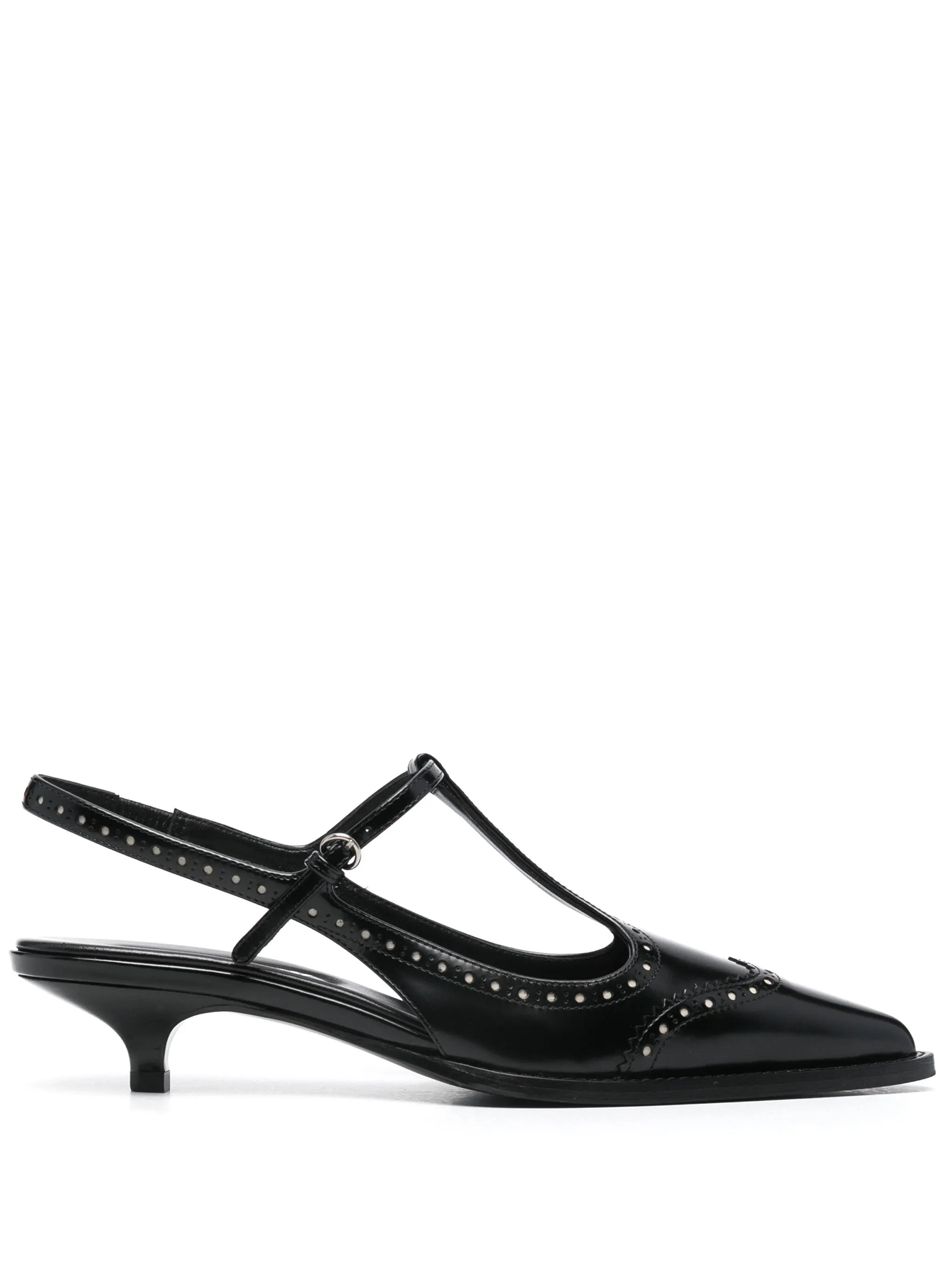 Brushed Leather Brogue Slingback T-strap Pumps - 1
