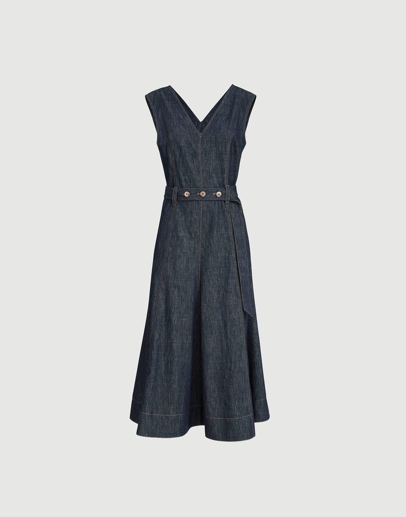 Cotton denim-effect twill flared dress with belt and monili 1