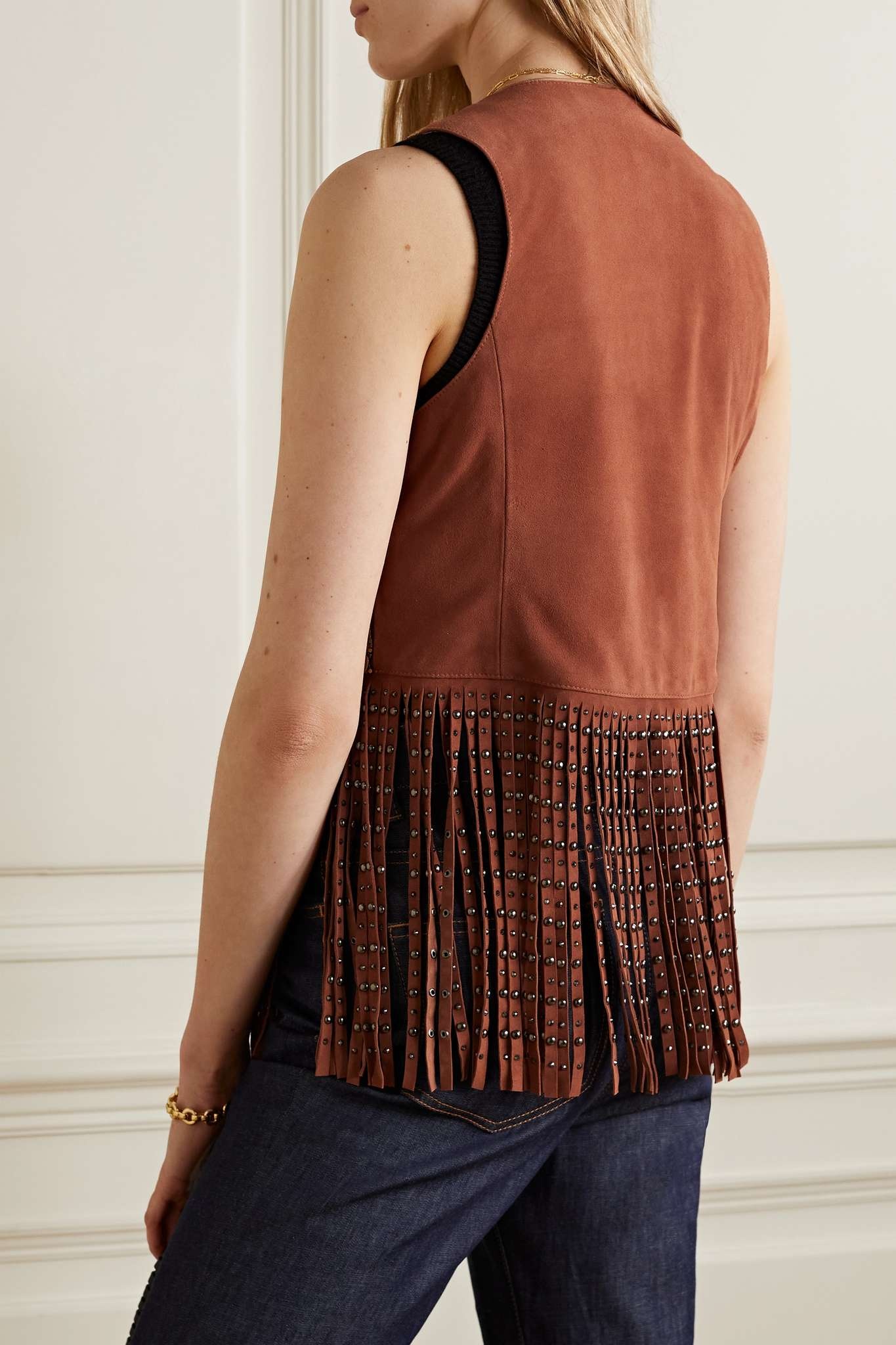 Embellished fringed suede and cotton-voile vest - 4