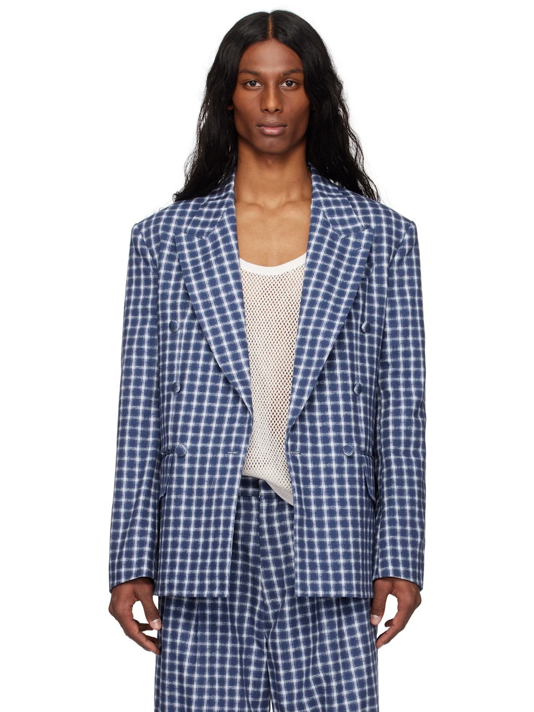 Navy & White Check Double-Breasted Blazer - 1