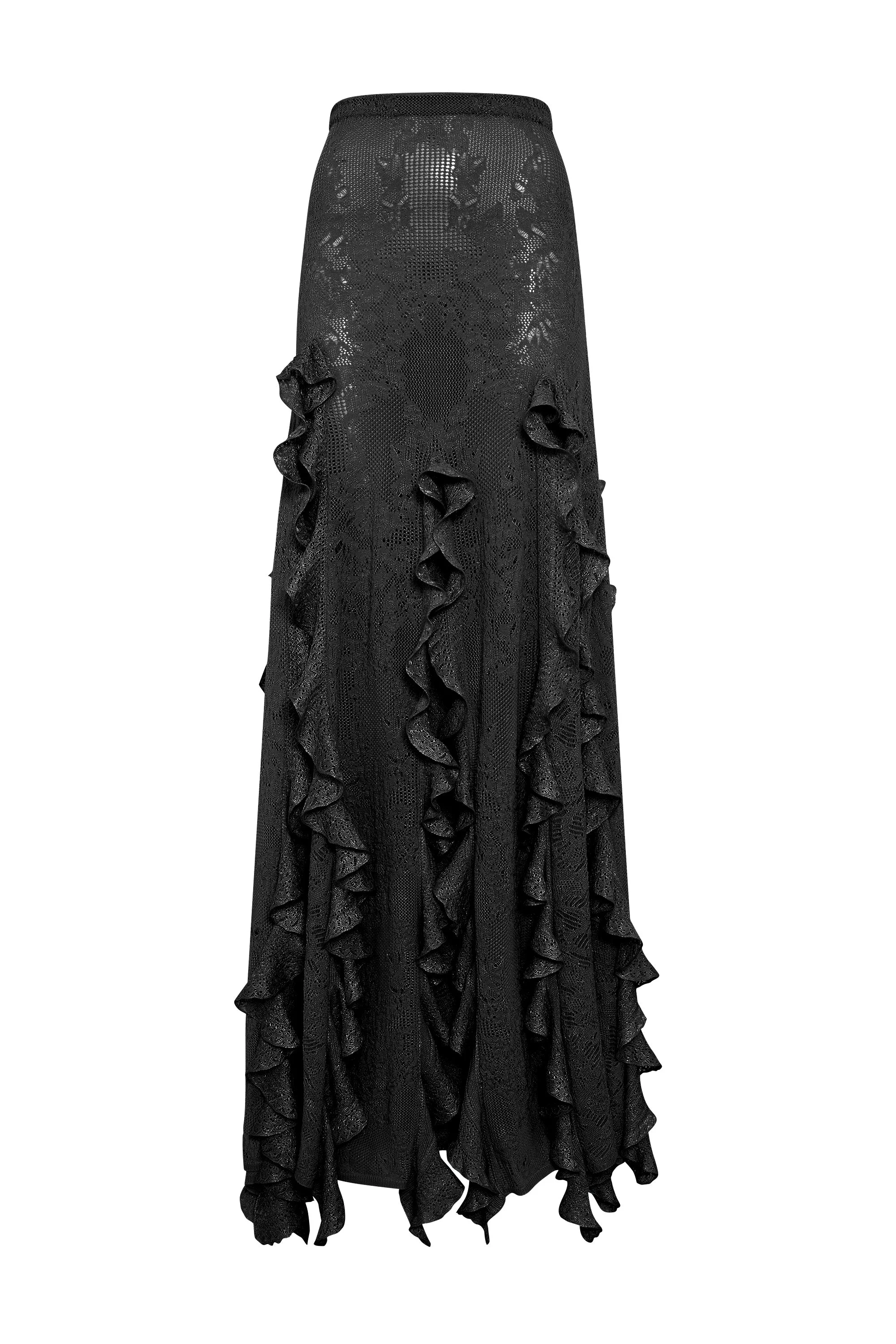 Garnet Pointelle Knit Lace Skirt in Black Silk Merino Wool with Custom Ruffles - 1