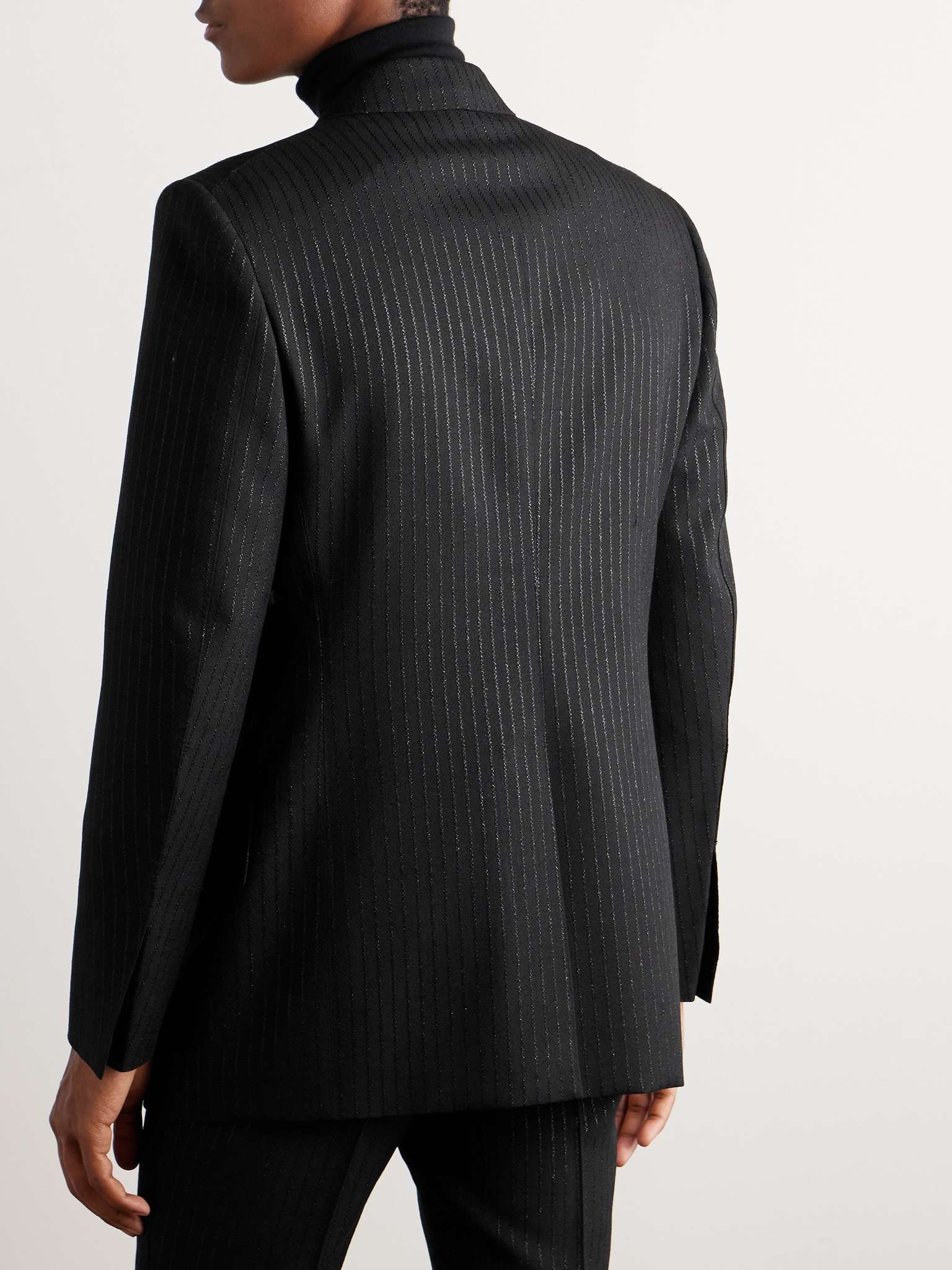 Double-Breasted Striped Metallic Woven Tuxedo Jacket - 4