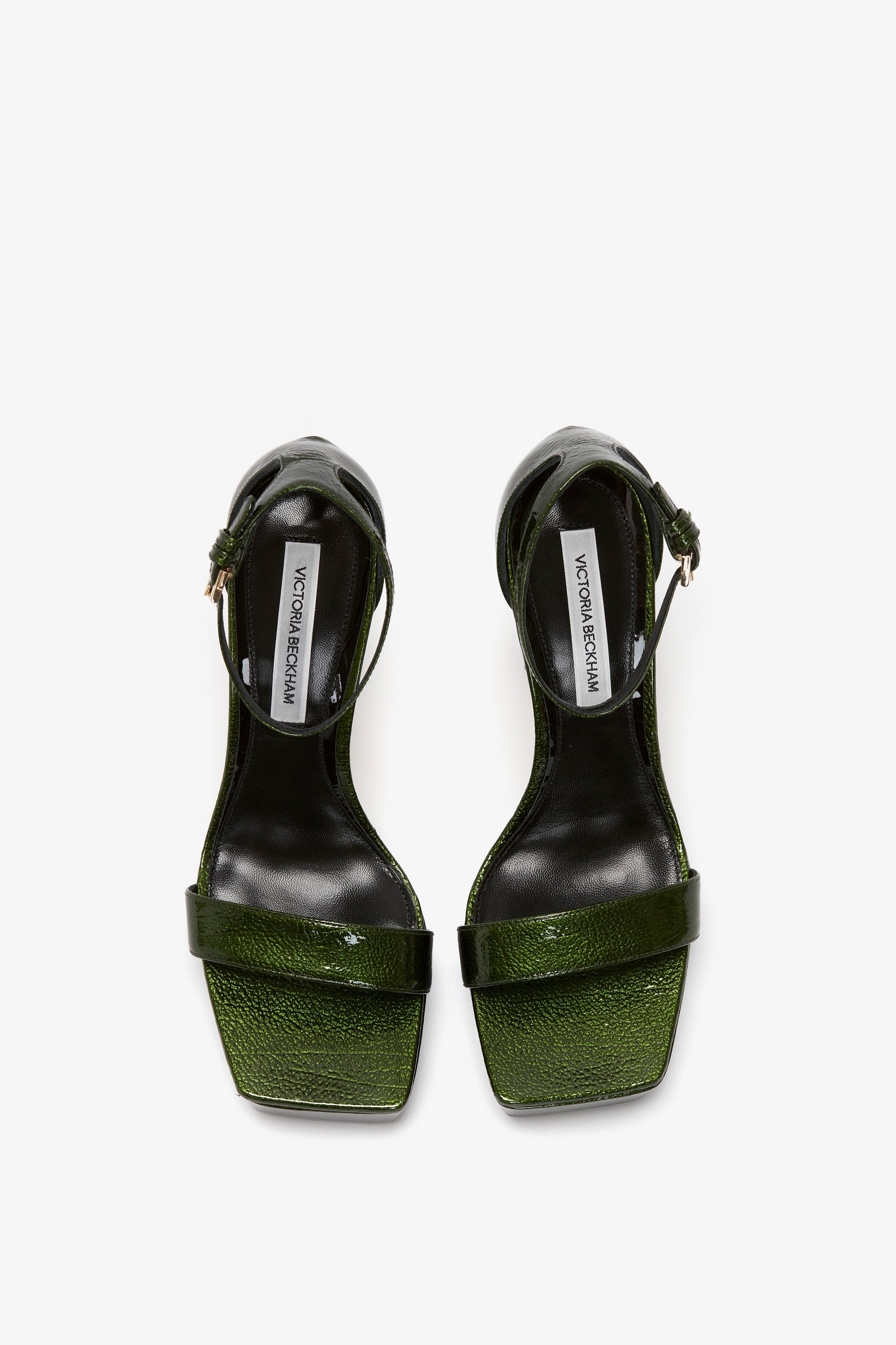 Squared Toe Platform Sandal in Green Grained Patent - 4
