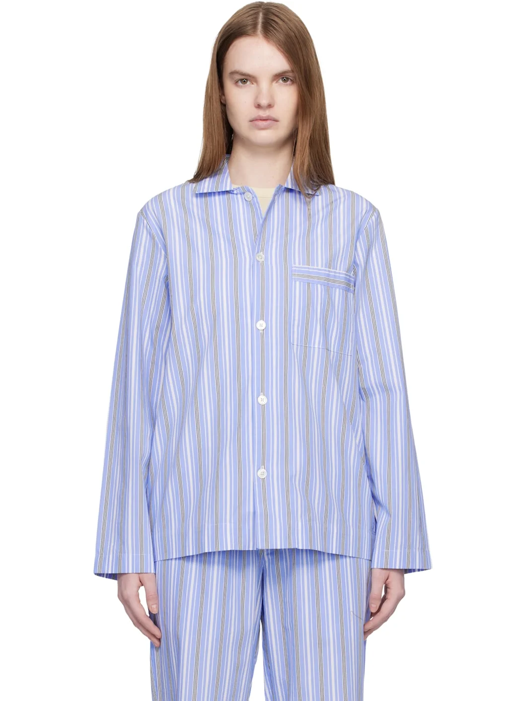 Blue & White Poplin Long-Sleeved Pyjama Shirt - 1
