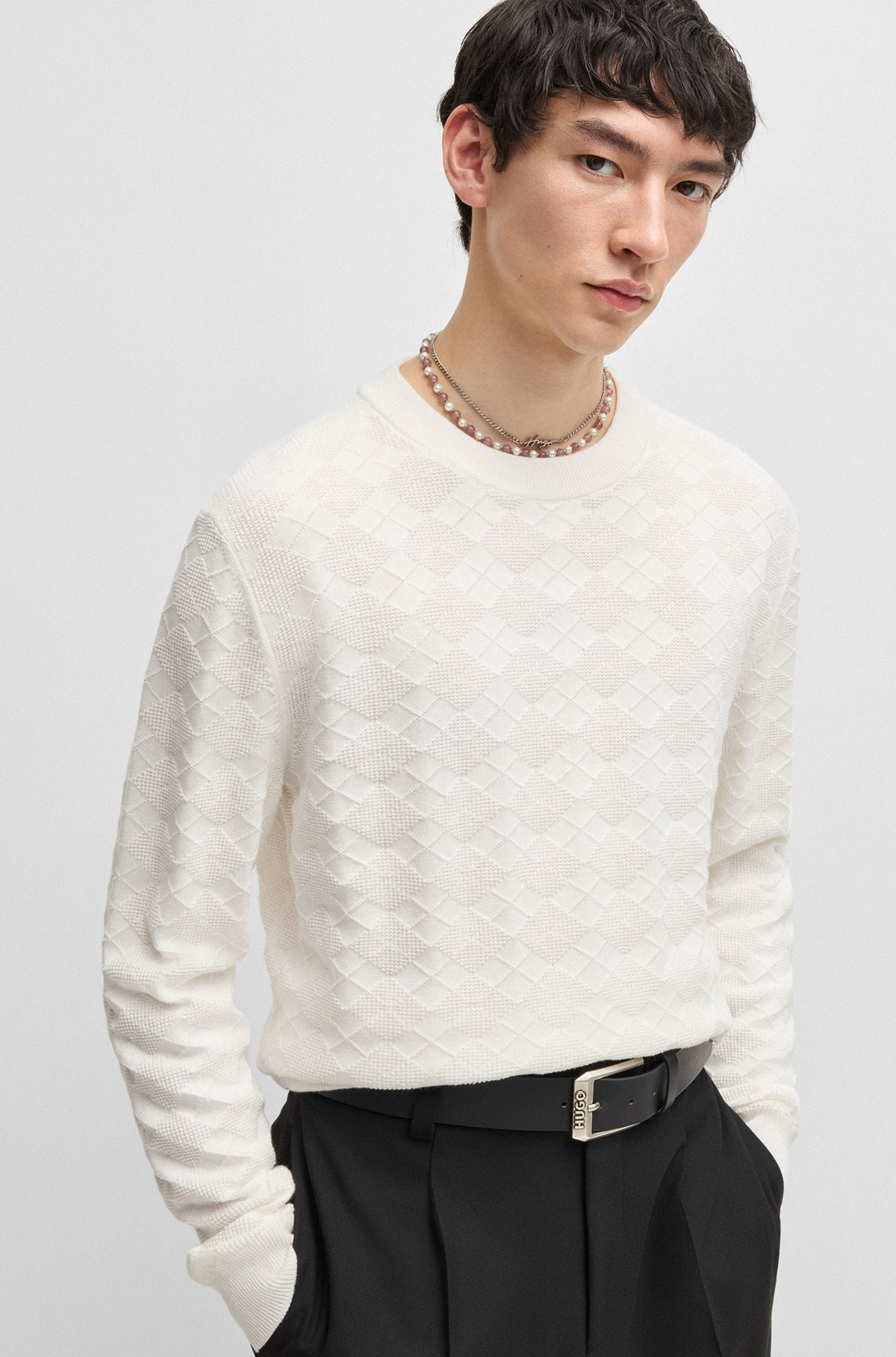 COTTON SWEATER WITH TONAL ARGYLE PATTERN - 3