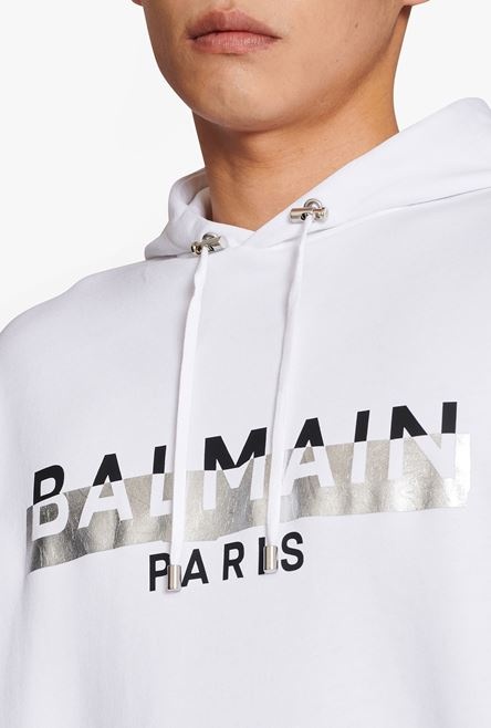 White eco-designed cotton sweatshirt with black and silver Balmain Paris metallic logo print - 5