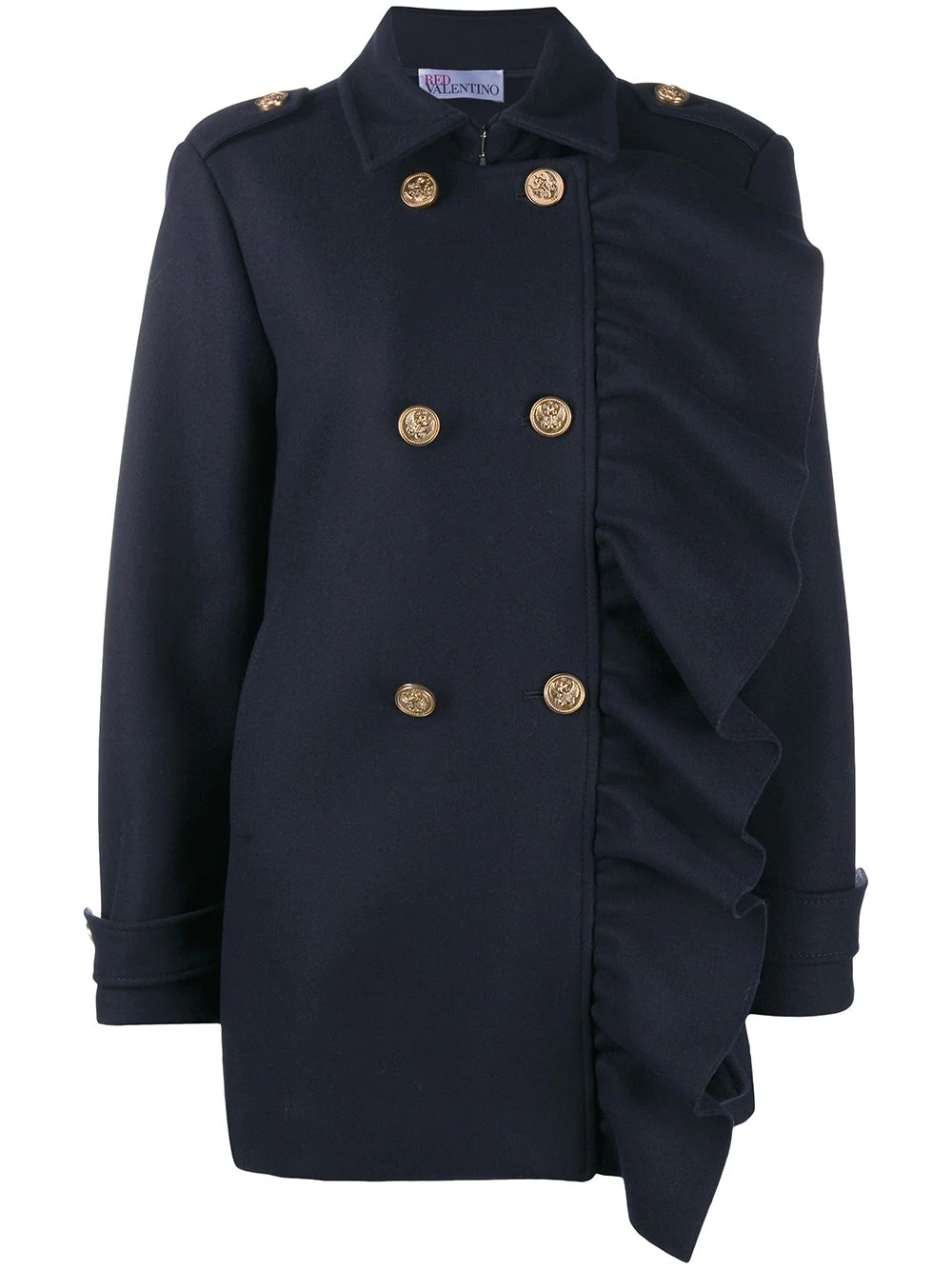 ruffled trim double-breasted coat - 1